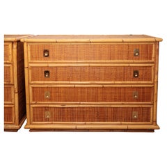 Vintage Bamboo and Wicker Four Drawer Chest with Brass Hardware