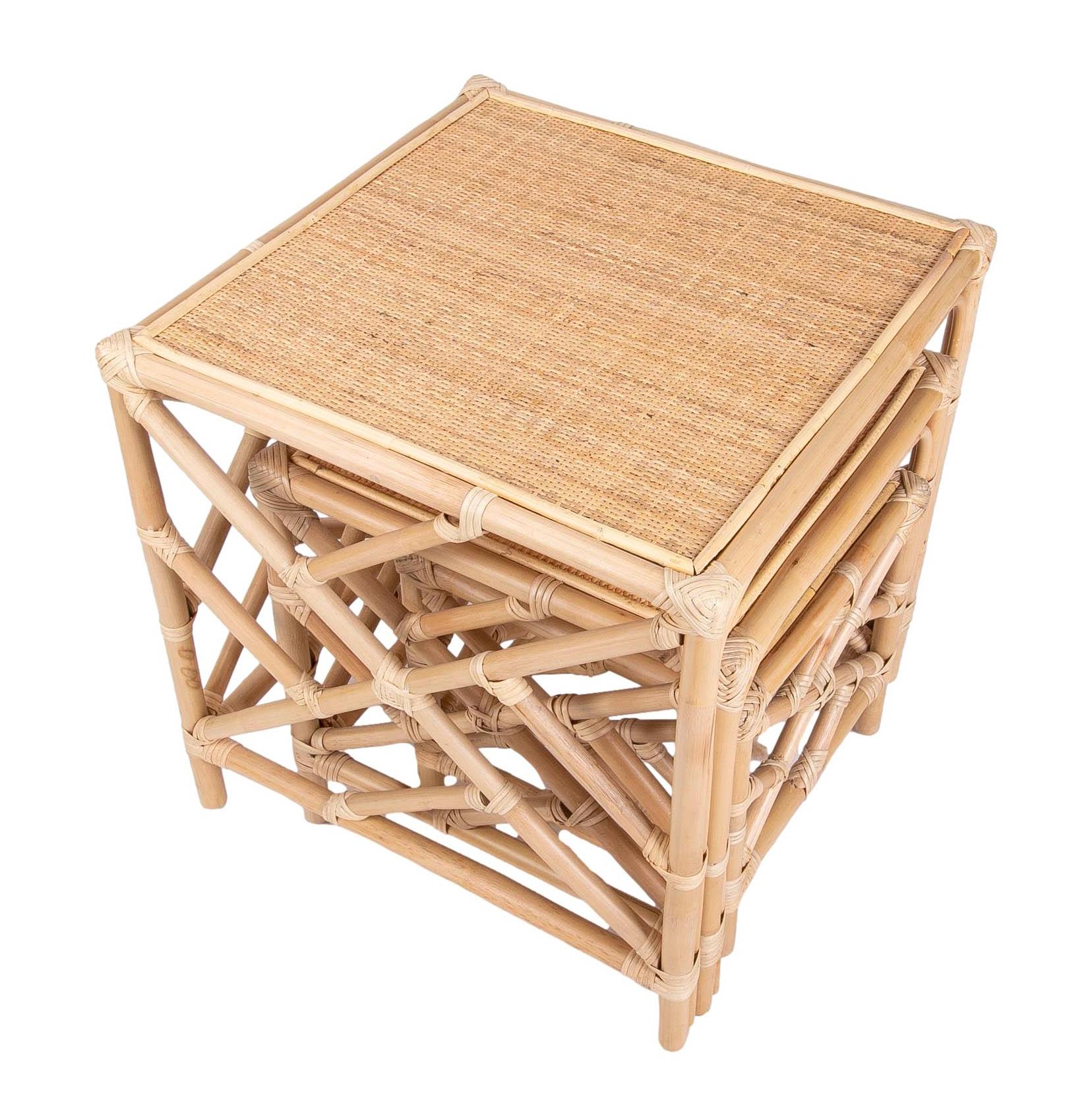 Bamboo and wicker Nesting Table Consisting of Three Tables in Different Sizes

Dimensions are of the largest item
