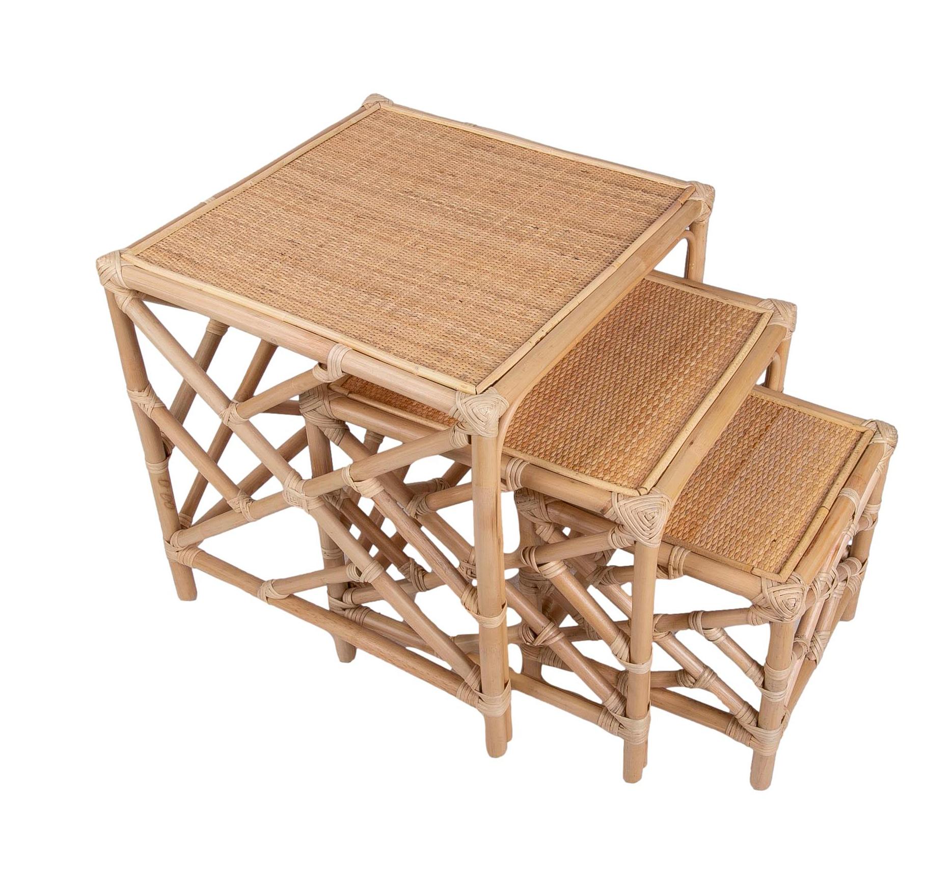 European Bamboo and wicker Nesting Table Consisting of Three Tables in Different Sizes For Sale
