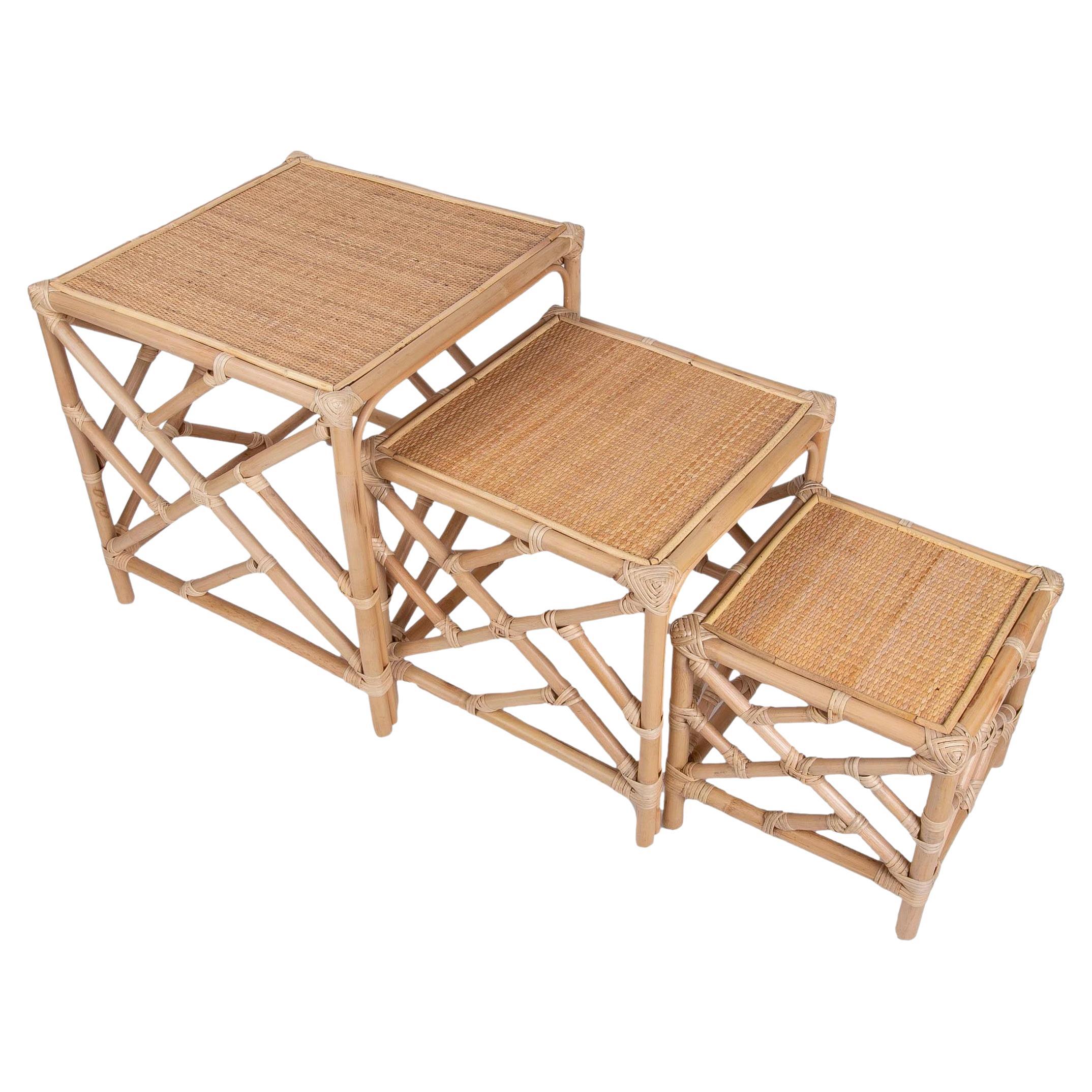 Bamboo and wicker Nesting Table Consisting of Three Tables in Different Sizes For Sale