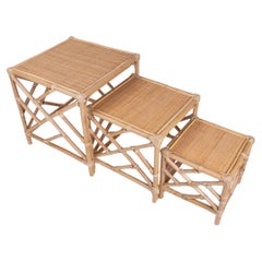 Bamboo and wicker Nesting Table Consisting of Three Tables in Different Sizes