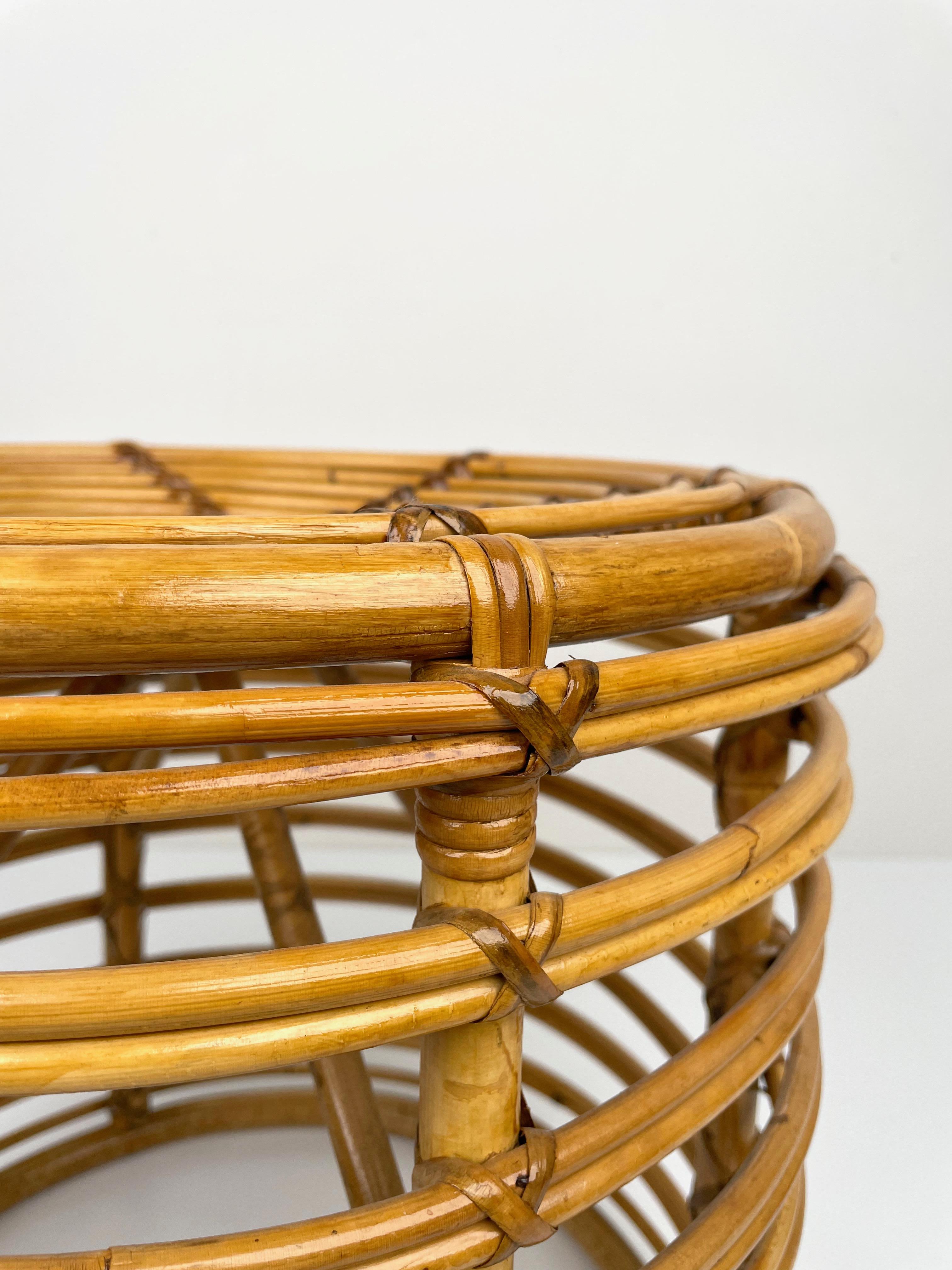 Bamboo and Wicker Round Pouf Stool, Italy 1960s 4