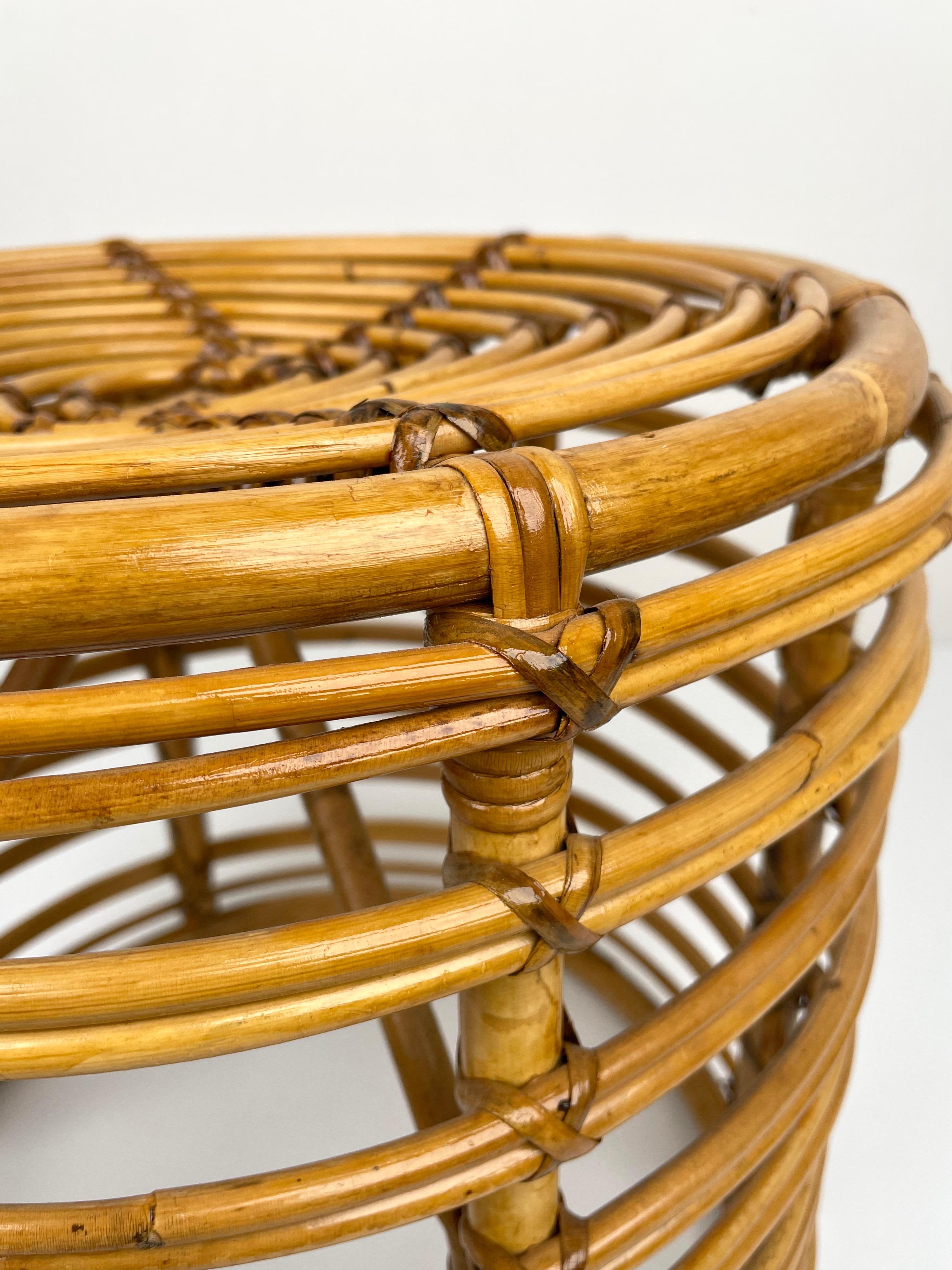 Bamboo and Wicker Round Pouf Stool, Italy 1960s 5