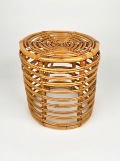 Bamboo and Wicker Round Pouf Stool, Italy 1960s