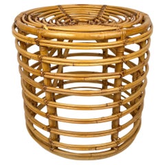 Bamboo and Wicker Round Pouf Stool, Italy 1960s