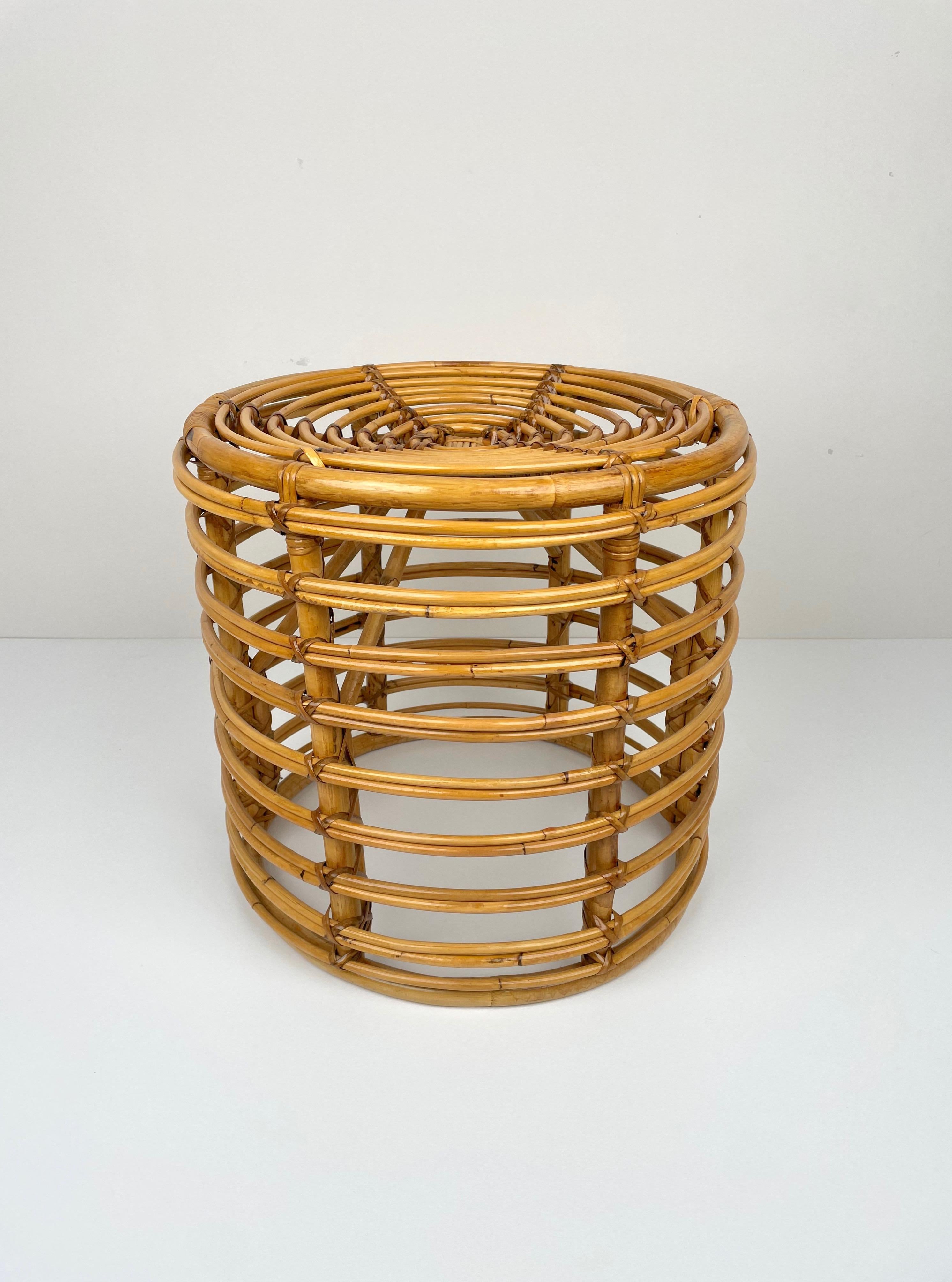 Mid-Century Modern Bamboo and Wicker Round Pouf Stool, Italy 1960s