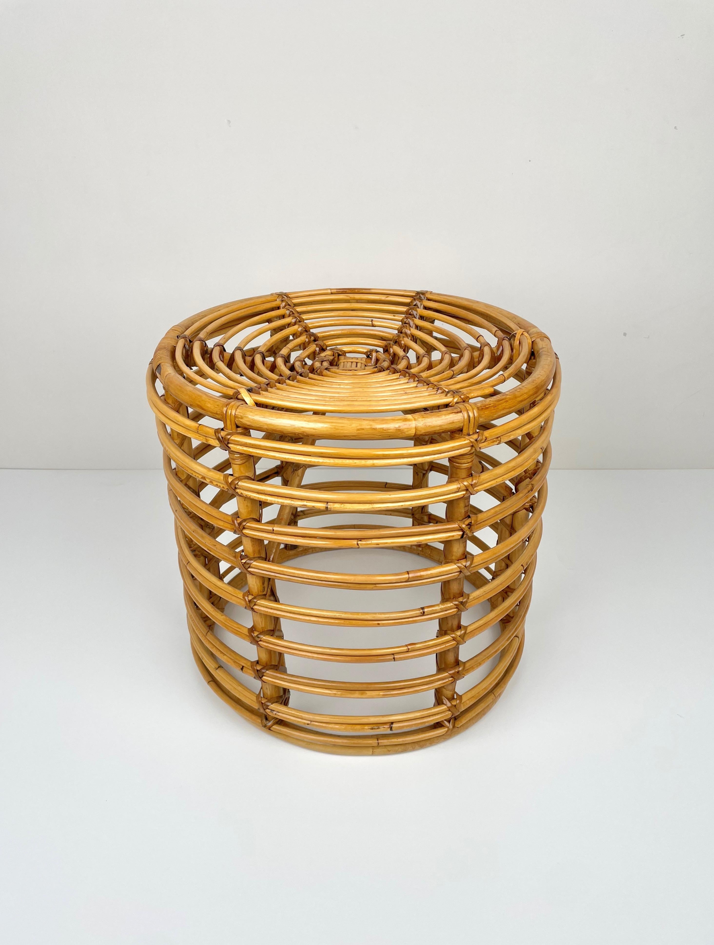 Mid-20th Century Bamboo and Wicker Round Pouf Stool, Italy 1960s
