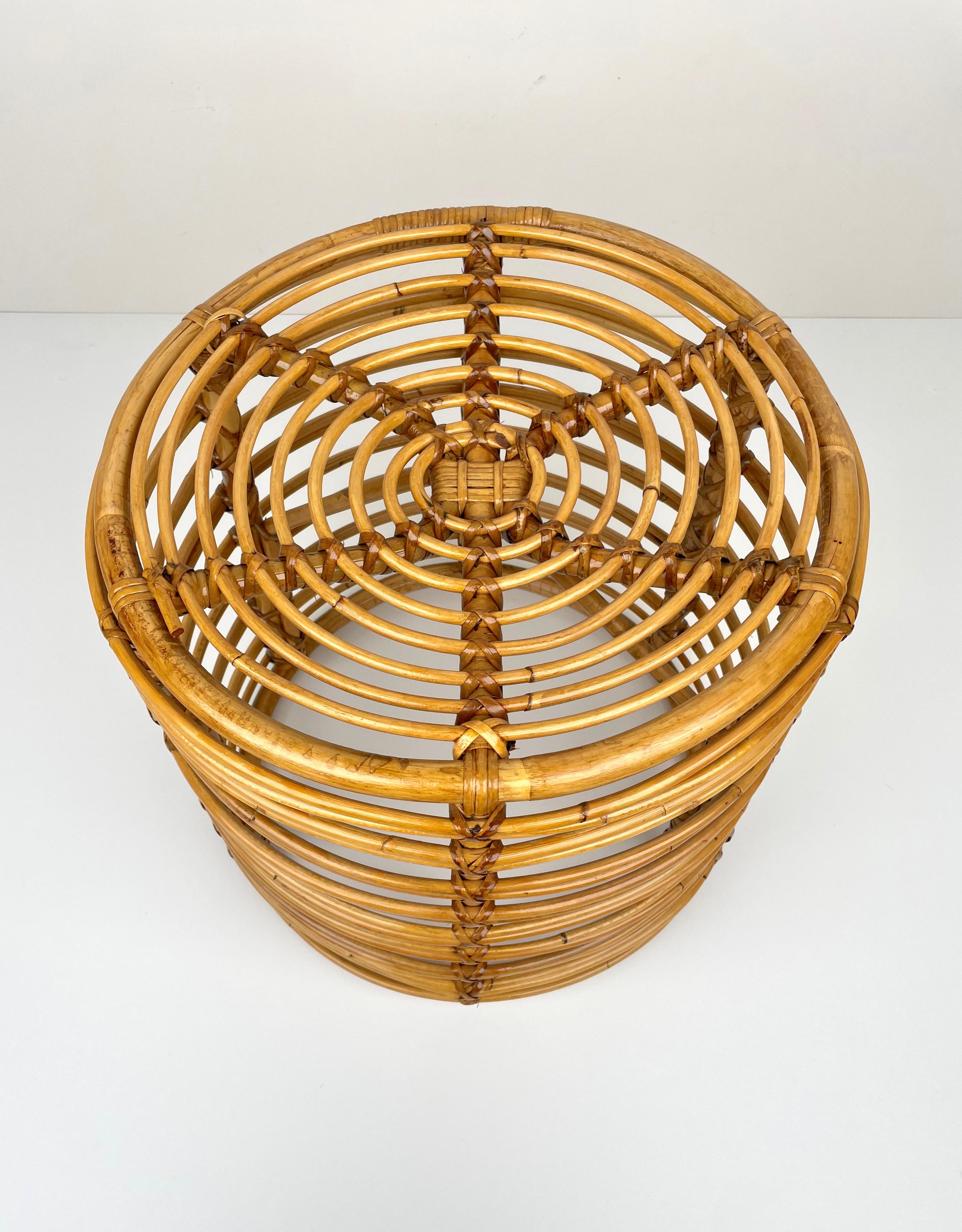 Bamboo and Wicker Round Pouf Stool, Italy 1960s 1