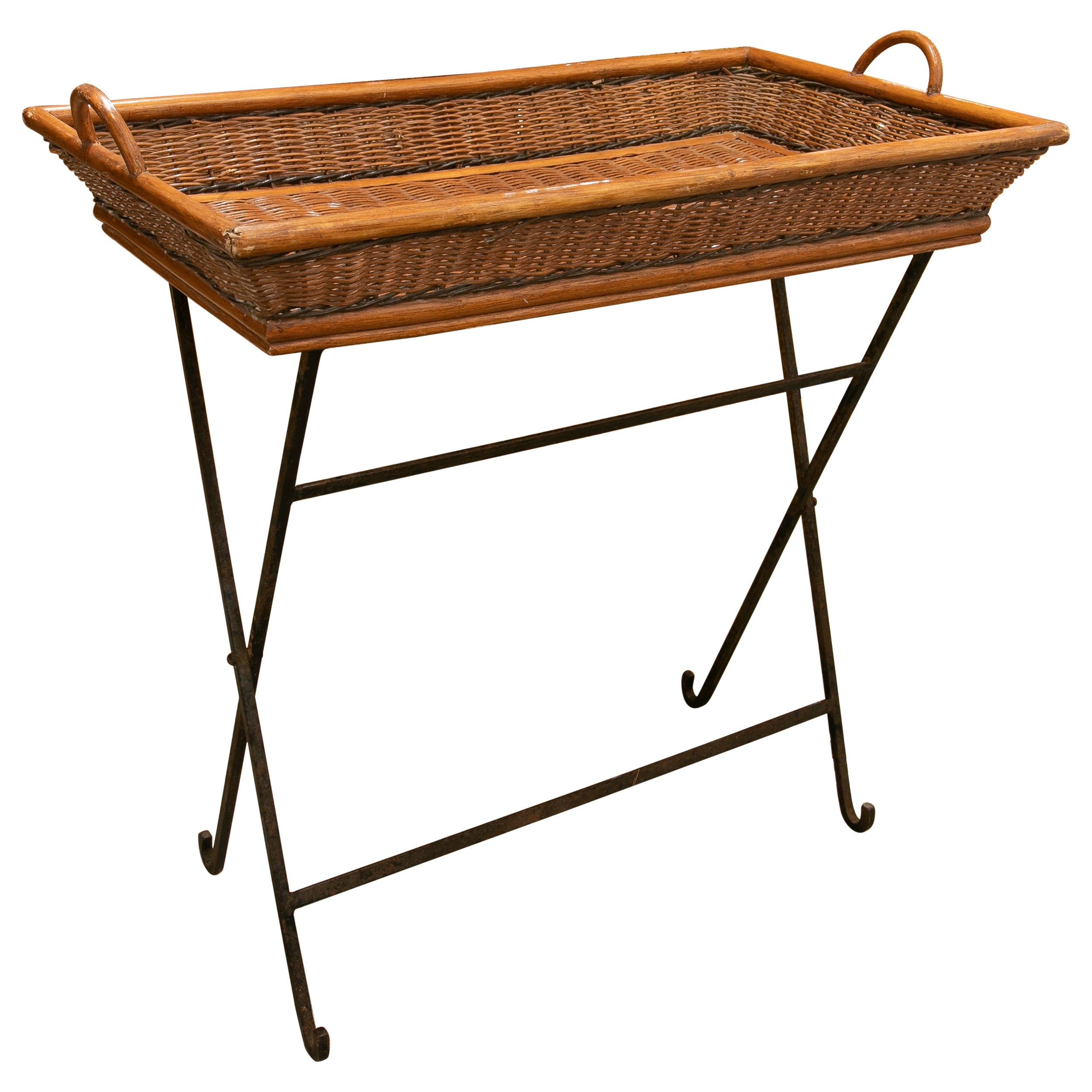 Bamboo and Wicker Tray with Handmade Iron Base