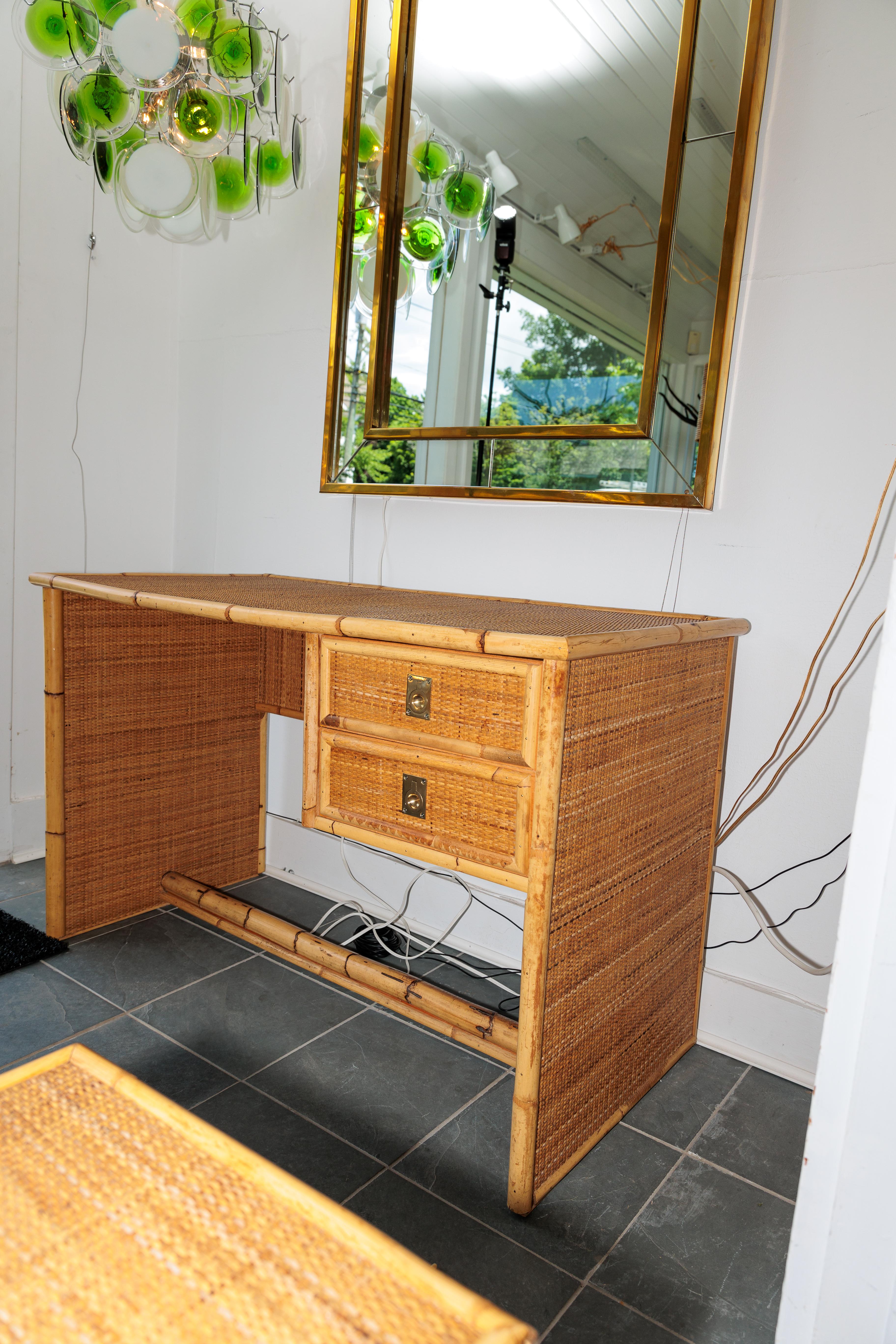 Mid-Century Modern Bamboo and Wicker Two Drawer Desk with Brass Hardware