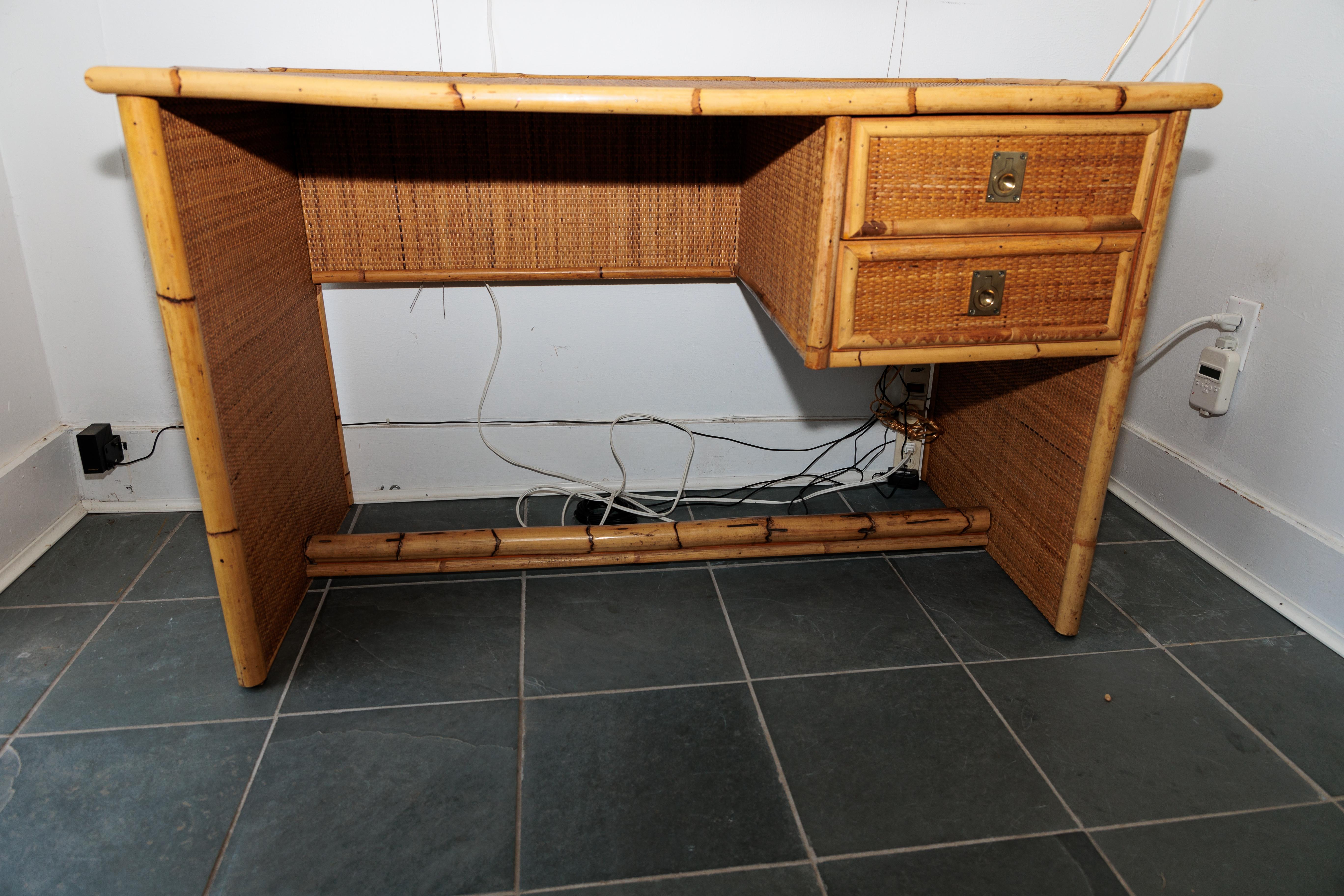 Italian Bamboo and Wicker Two Drawer Desk with Brass Hardware
