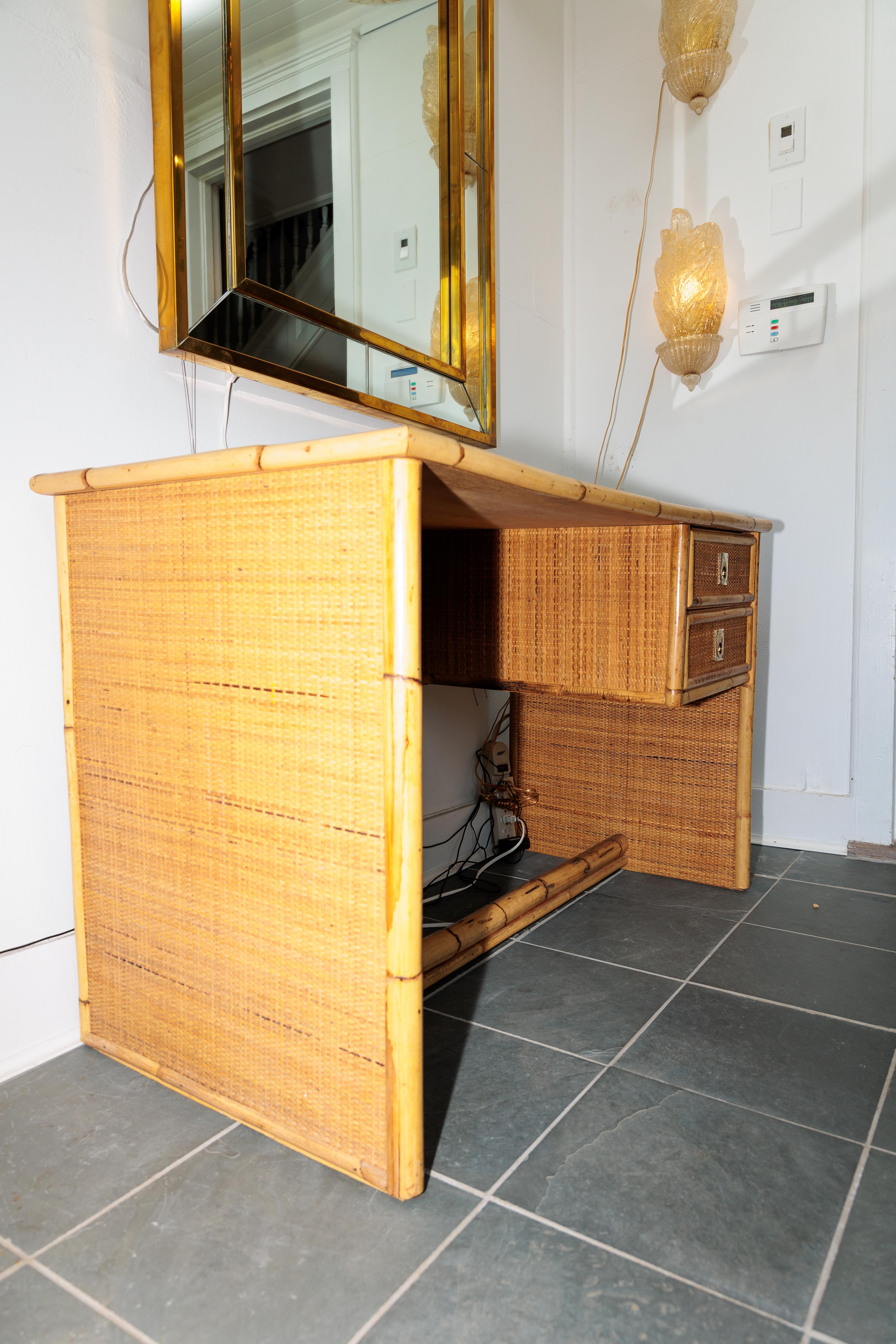 Hand-Crafted Bamboo and Wicker Two Drawer Desk with Brass Hardware