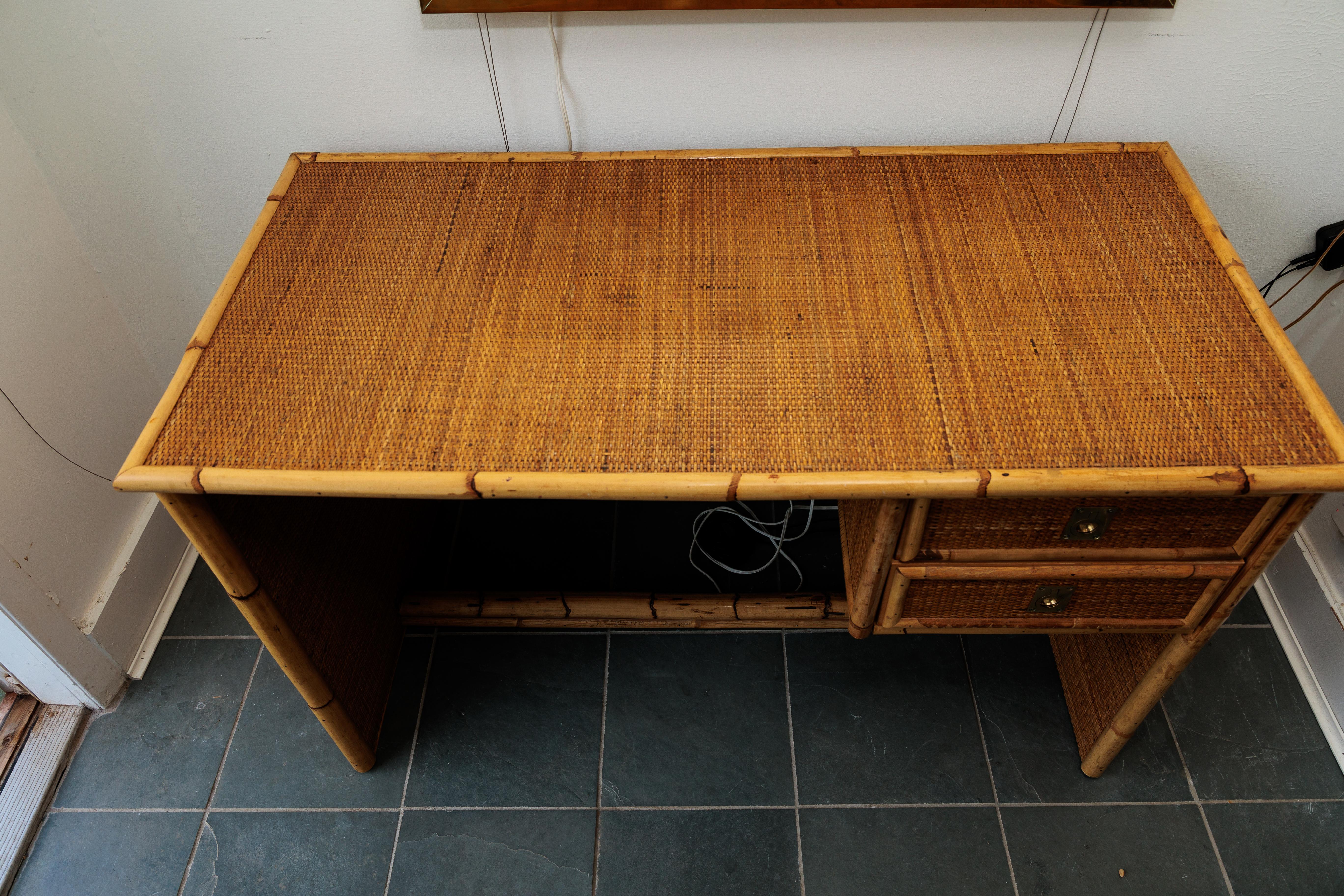 Bamboo and Wicker Two Drawer Desk with Brass Hardware In Good Condition In Bridgehampton, NY