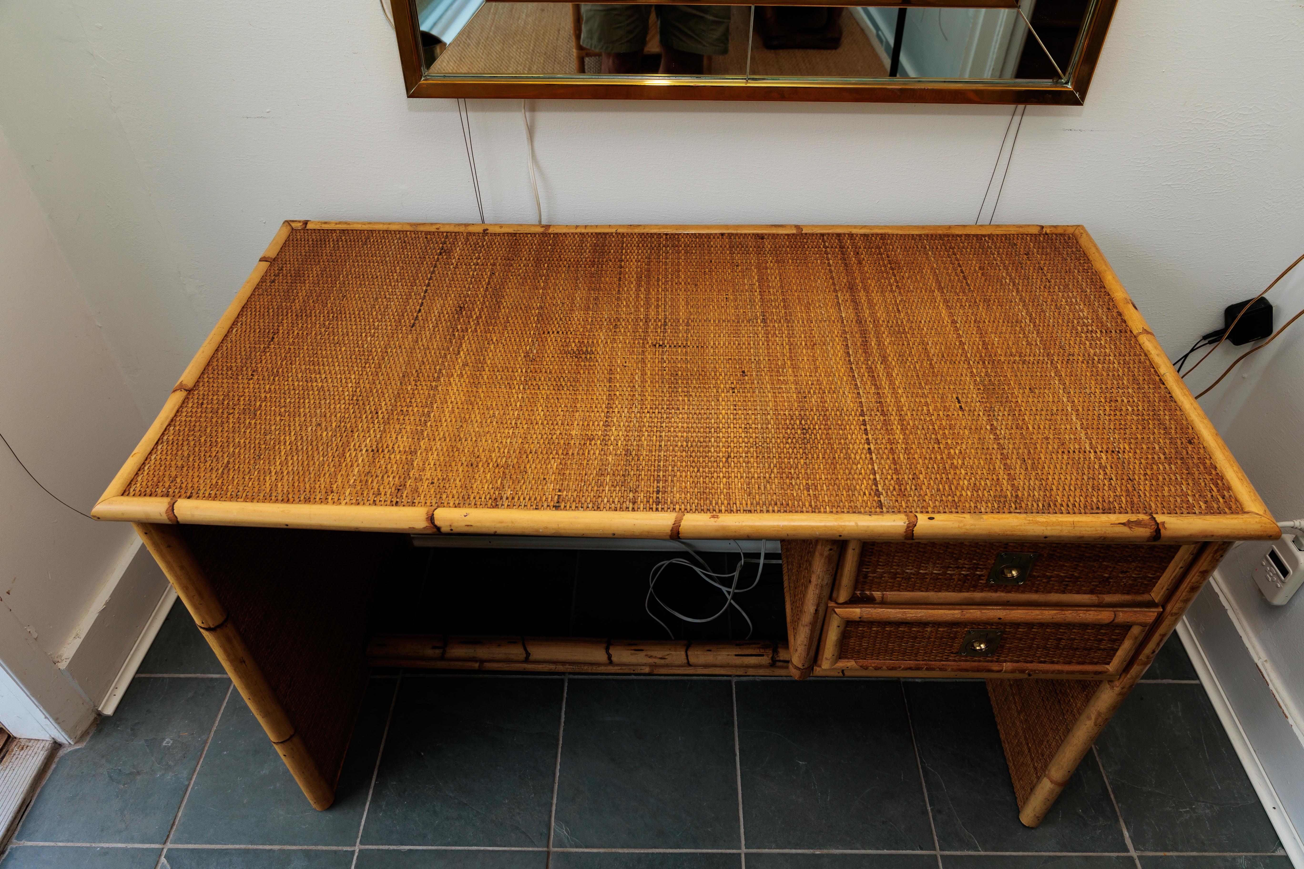 20th Century Bamboo and Wicker Two Drawer Desk with Brass Hardware