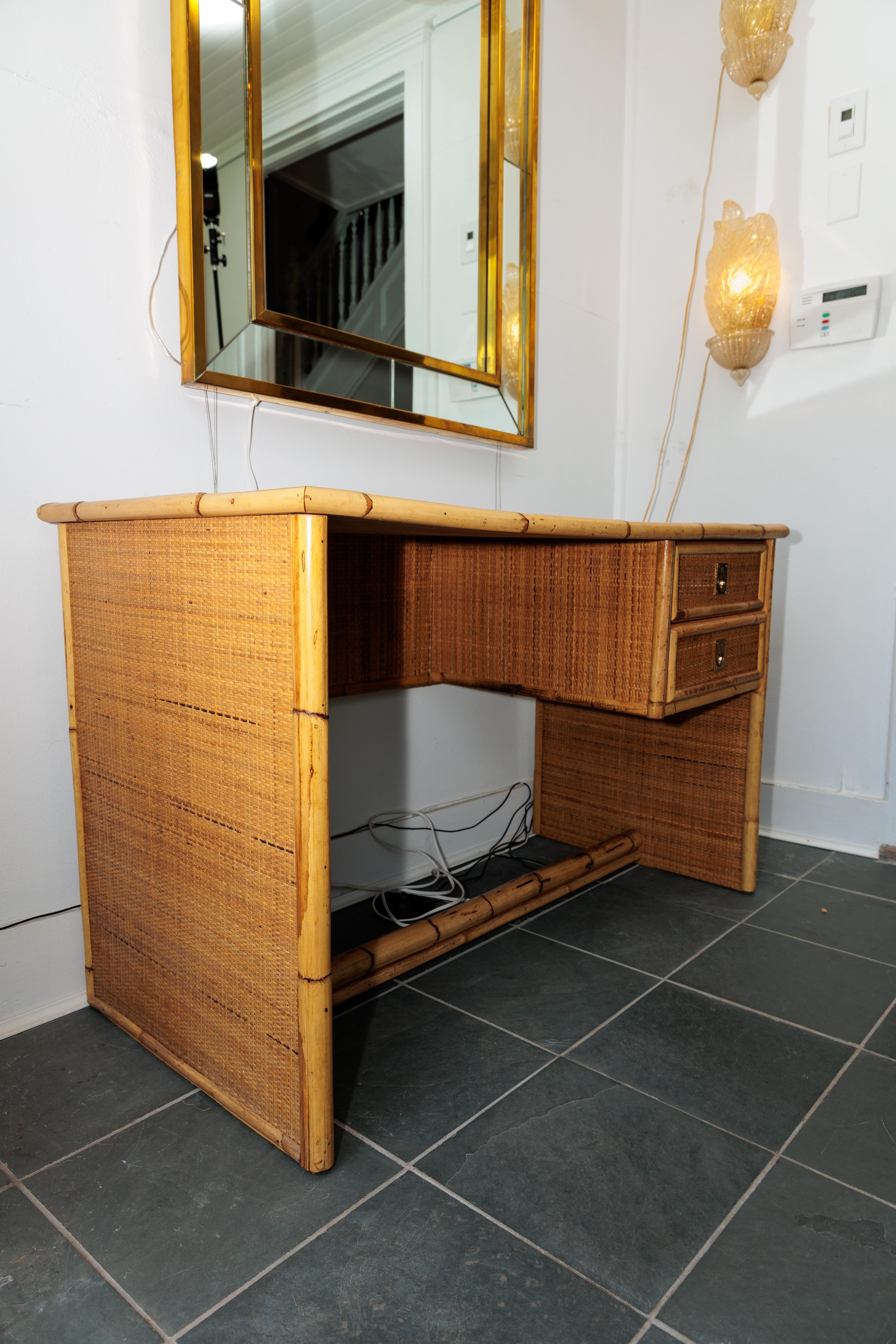 Bamboo and Wicker Two Drawer Desk with Brass Hardware 1