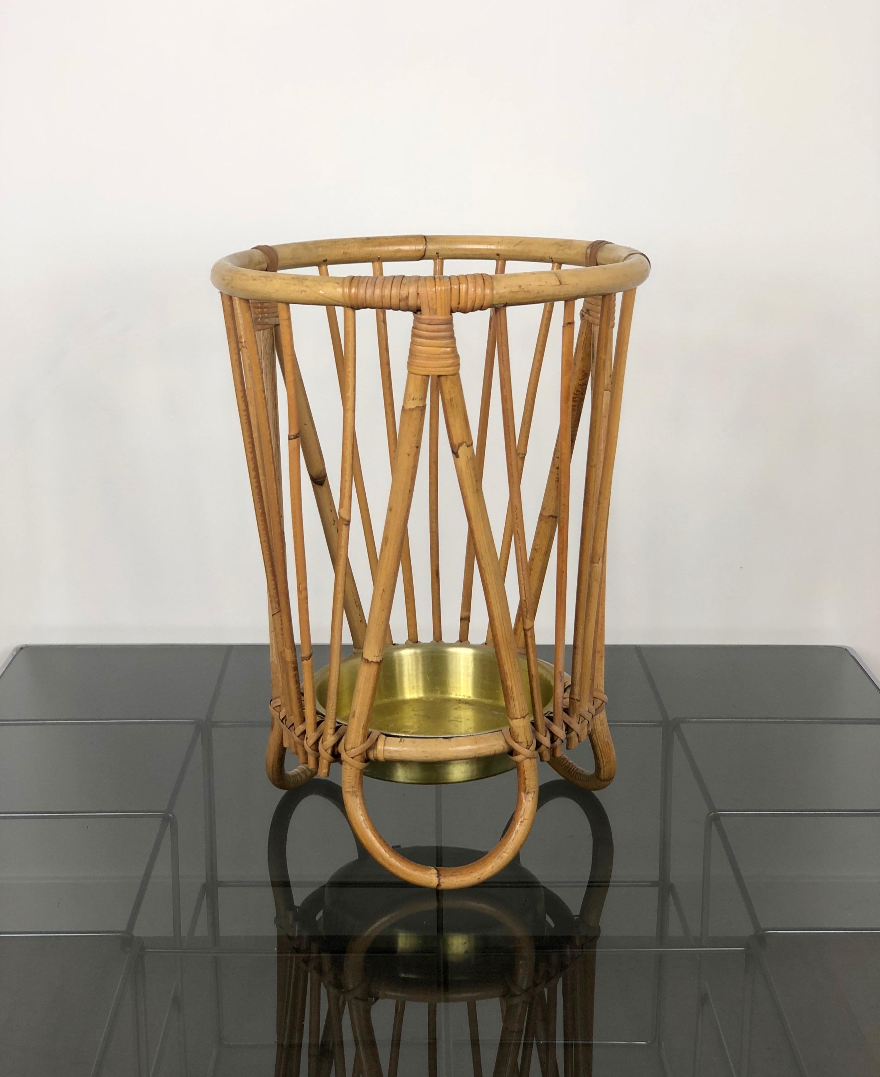 Umbrella stand made of bamboo and golden metal, Franco Albini style, Italy, 1950s.
  