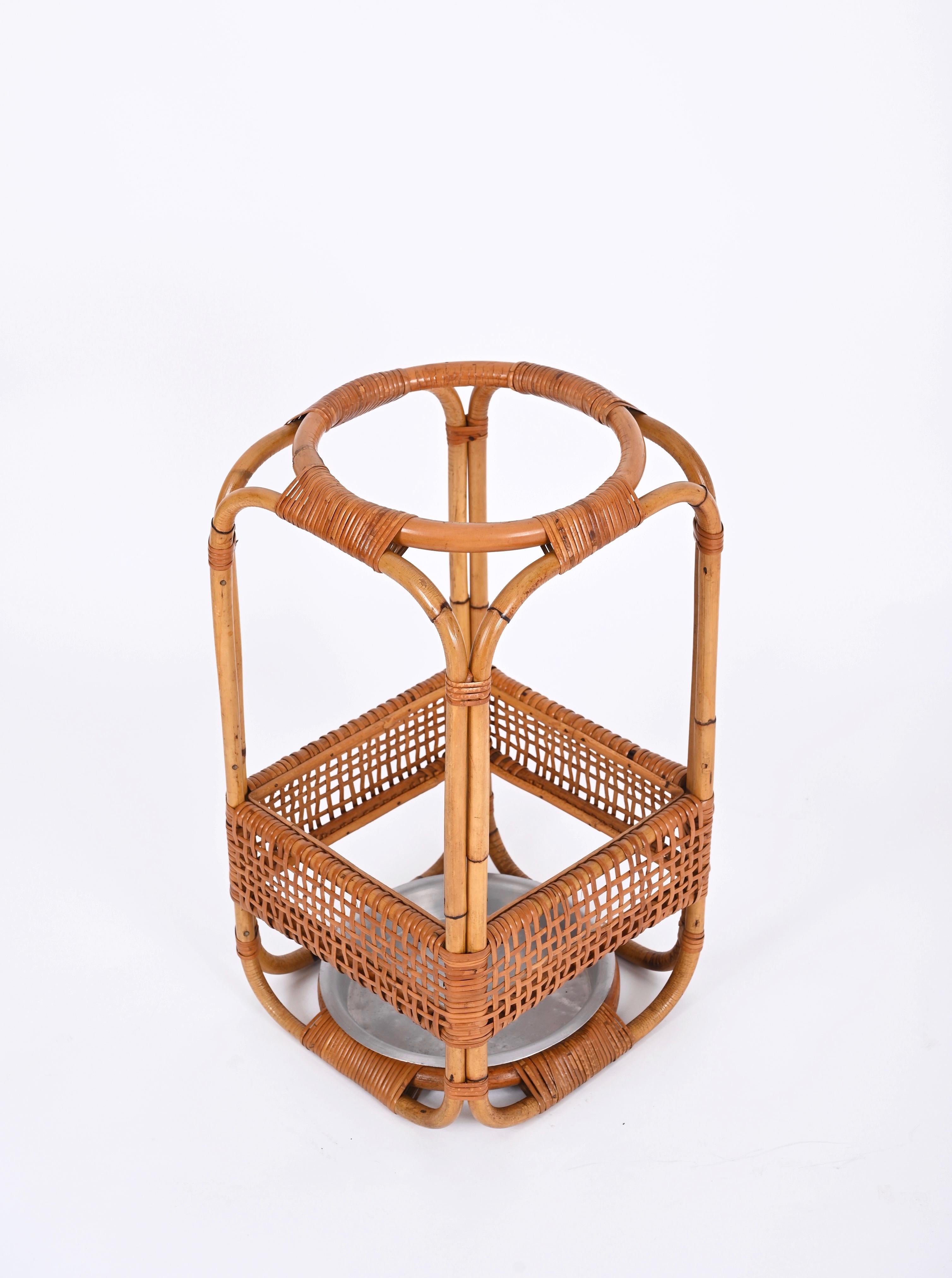 Mid-Century Modern Bamboo and Wicker Umbrella Stand in the Style of Franco Albini, Italy, 1960s For Sale
