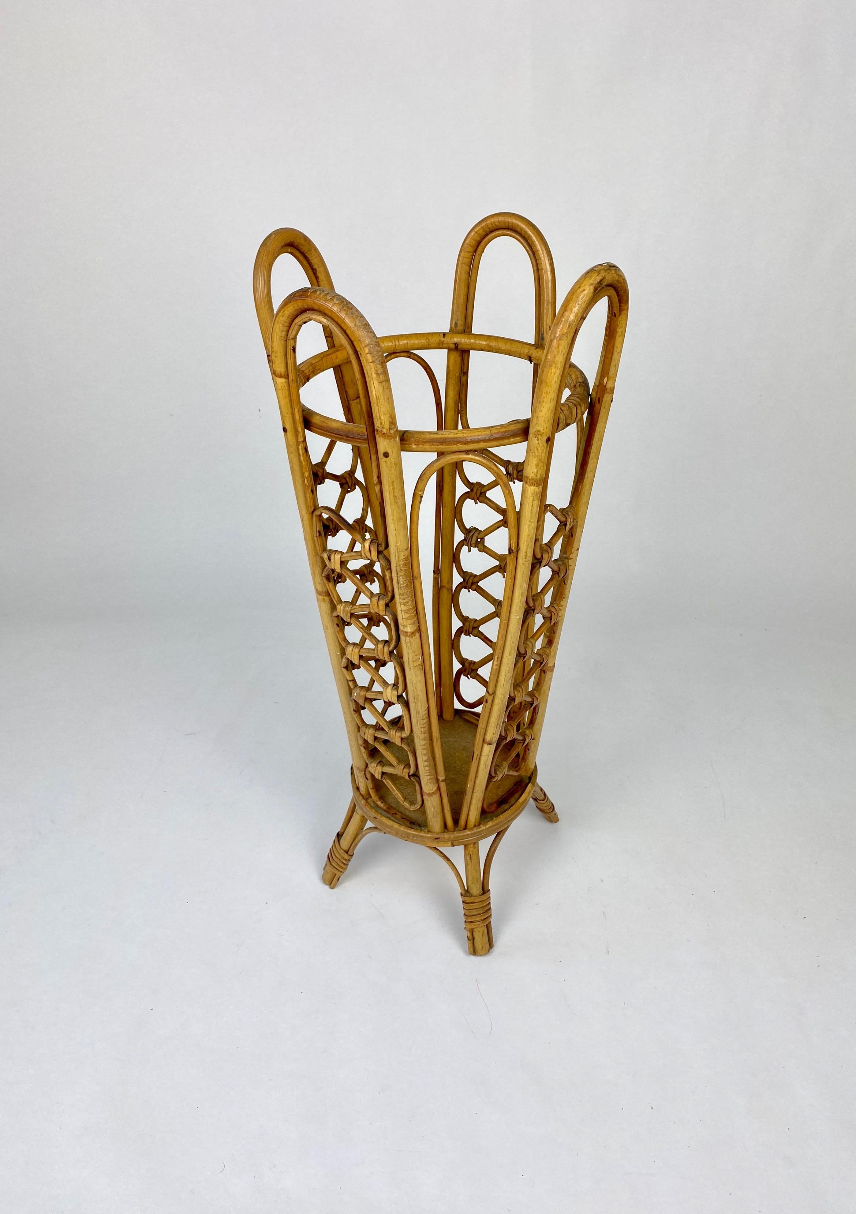 Mid-Century Modern Bamboo and Wicker Umbrella Stand in the Style of Franco Albini, Italy, 1960s