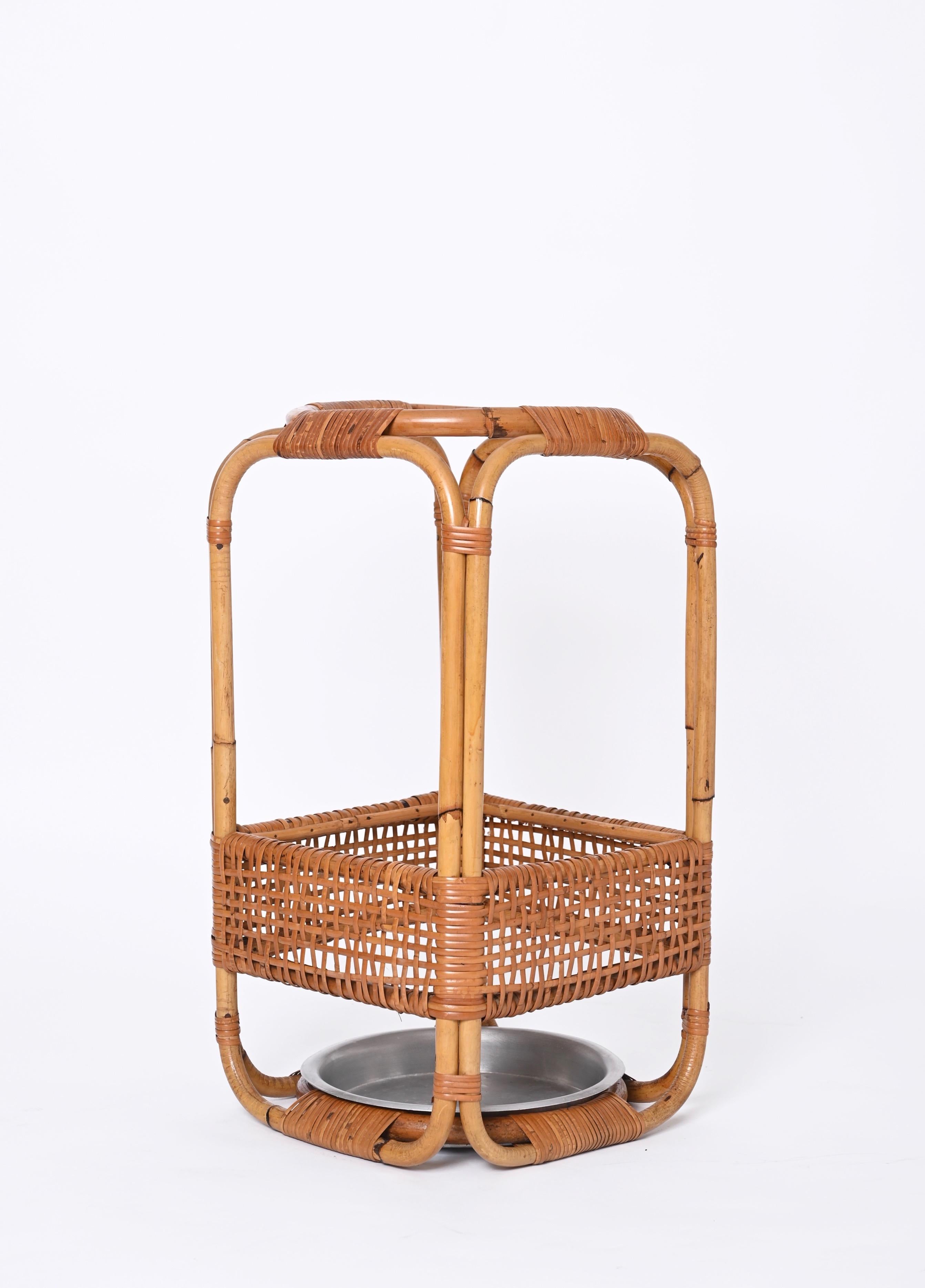 Italian Bamboo and Wicker Umbrella Stand in the Style of Franco Albini, Italy, 1960s For Sale