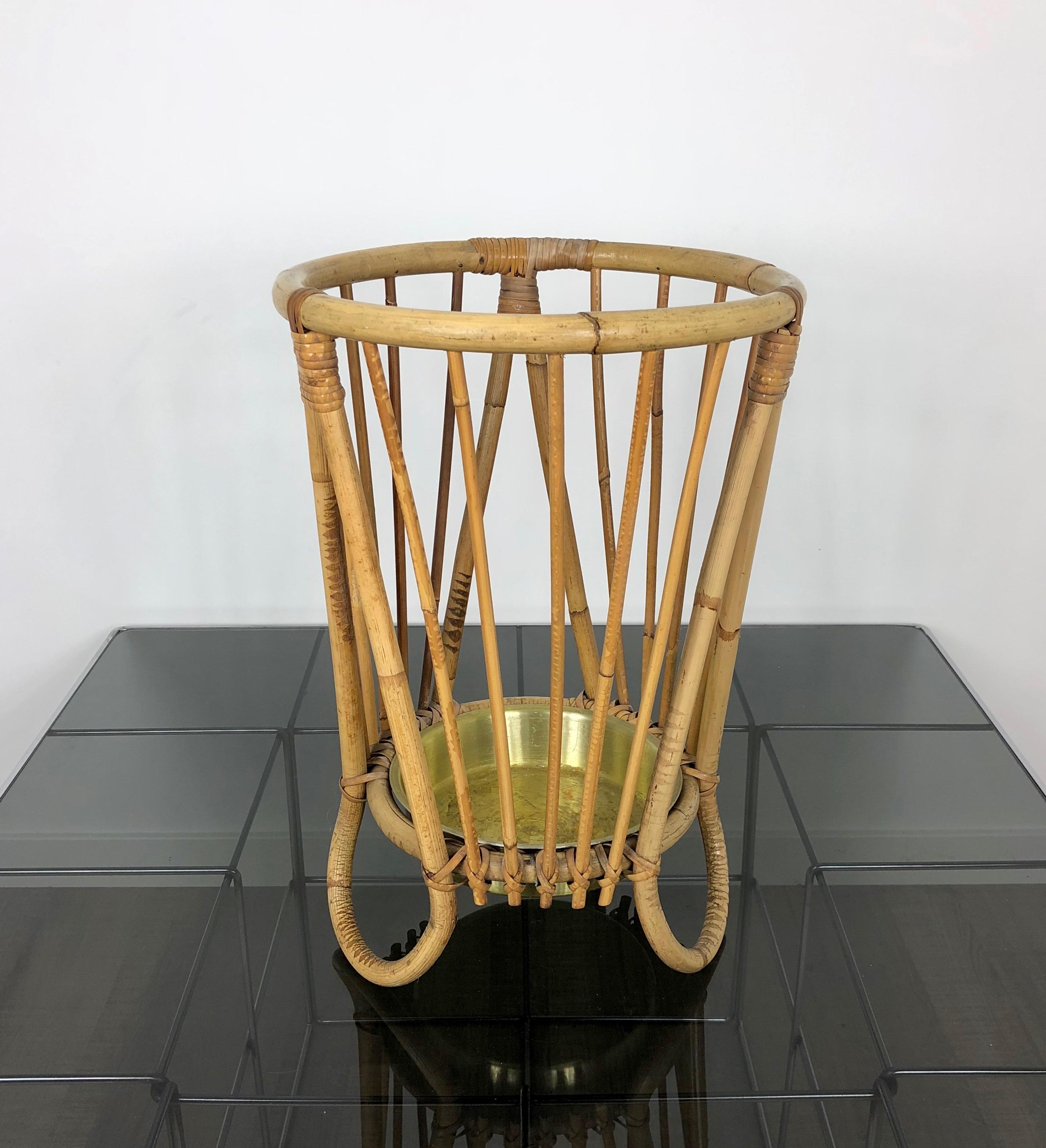 Italian Bamboo and Wicker Umbrella Stand in the Style of Franco Albini, Italy, 1960s For Sale