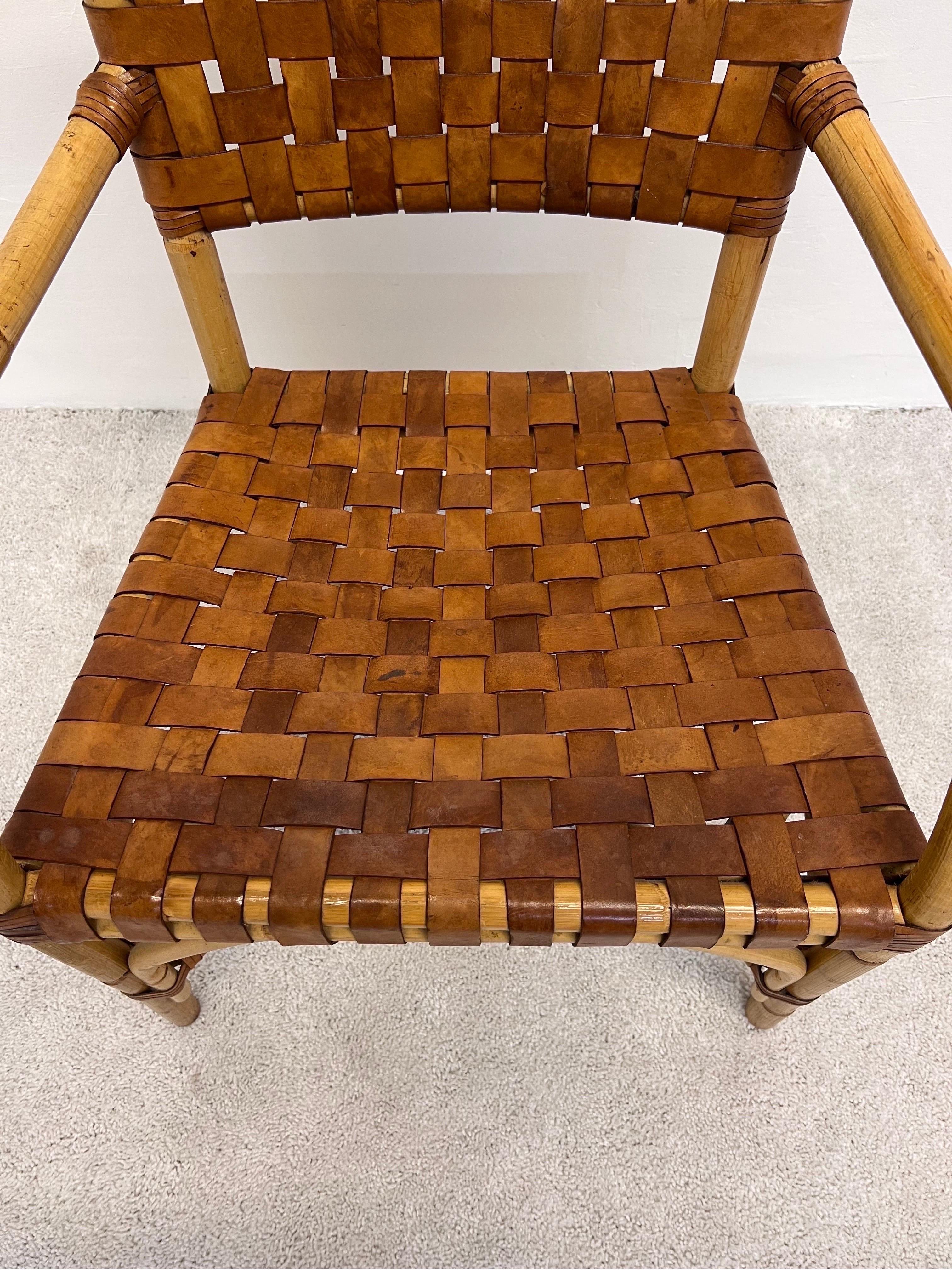 Bamboo and Woven Leather Dining Arm Chair, 1970s 3
