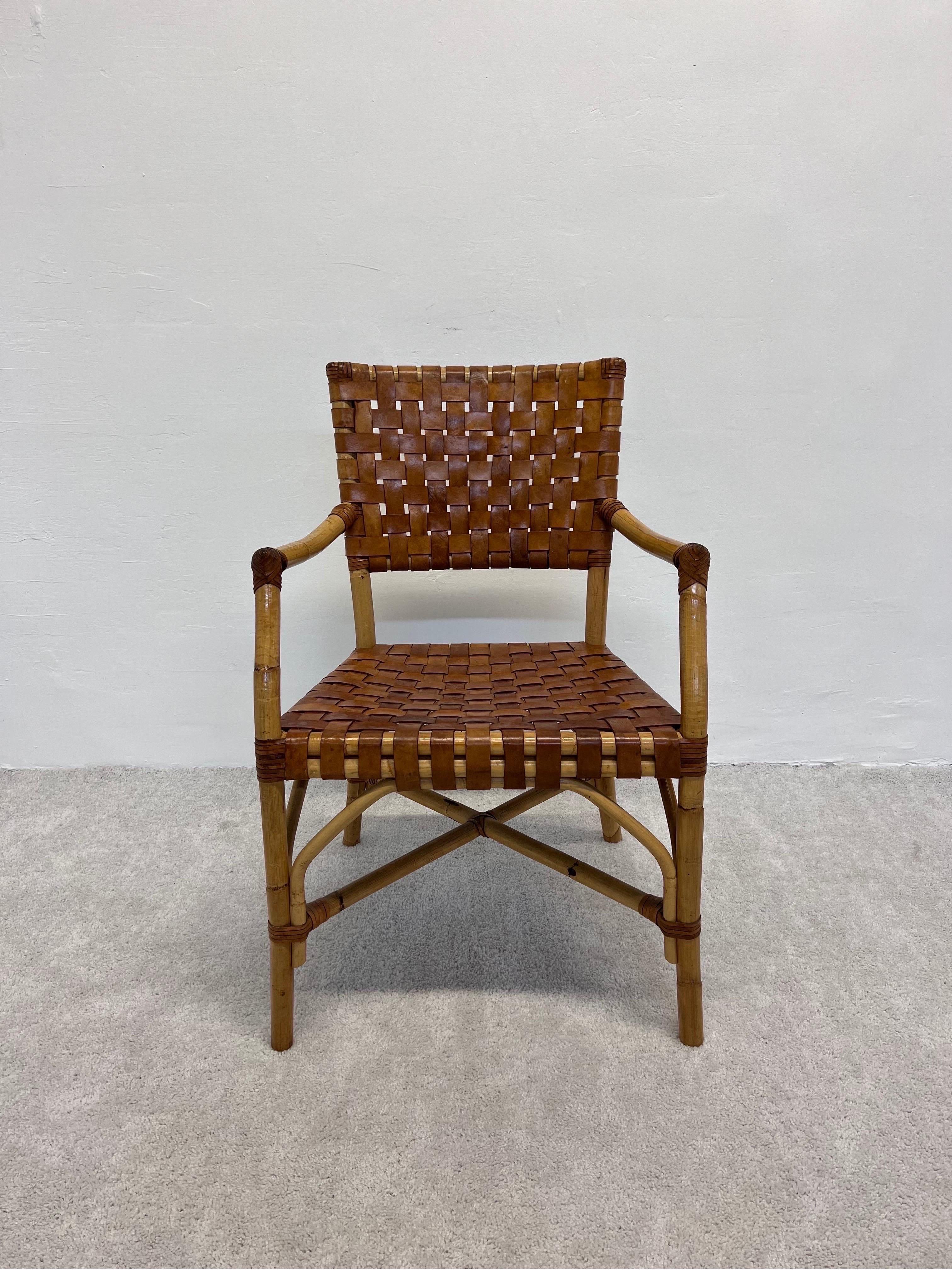 Woven leather and bamboo dining arm chair from the 1970s.
