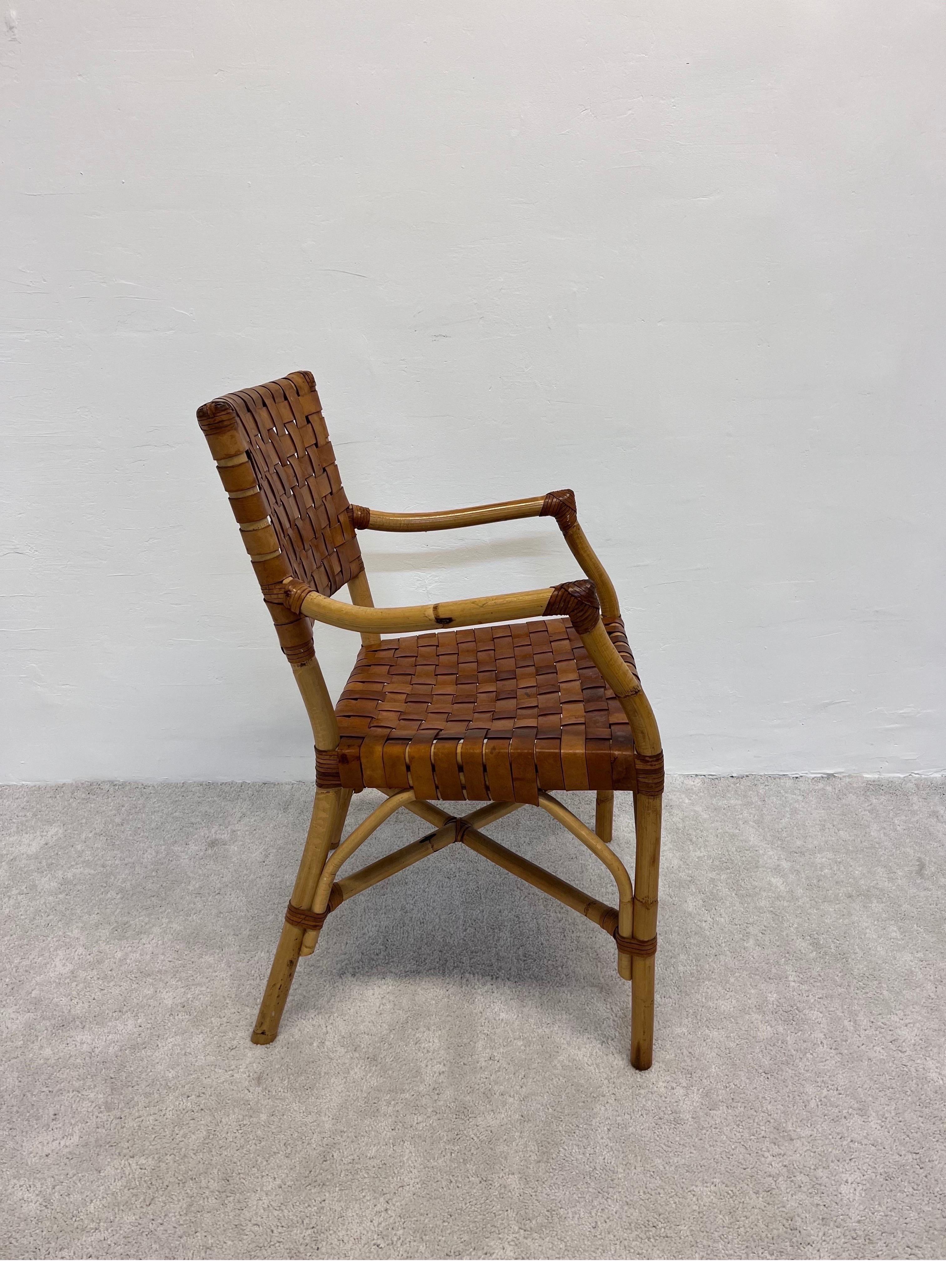 Mid-Century Modern Bamboo and Woven Leather Dining Arm Chair, 1970s