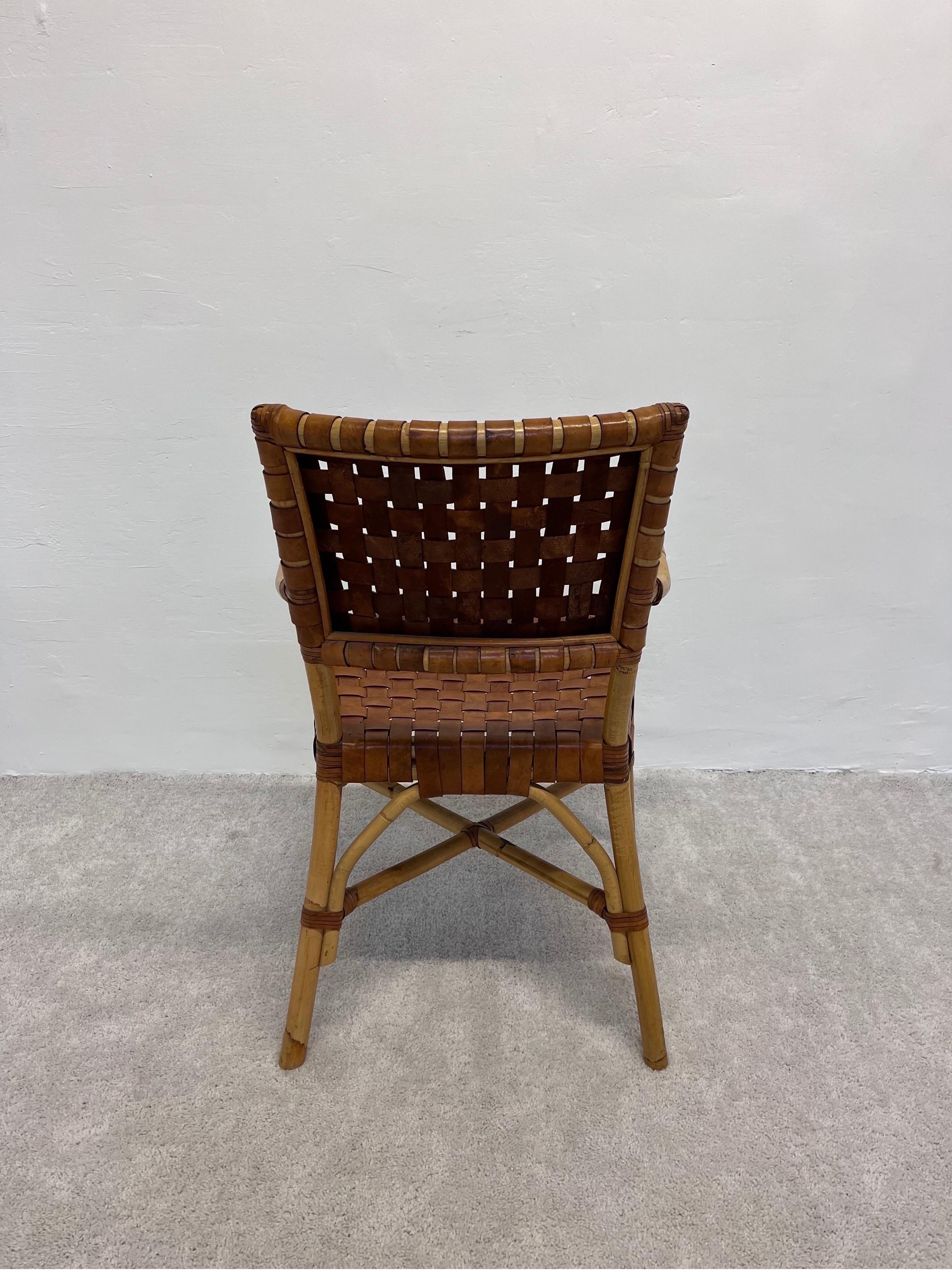 Unknown Bamboo and Woven Leather Dining Arm Chair, 1970s