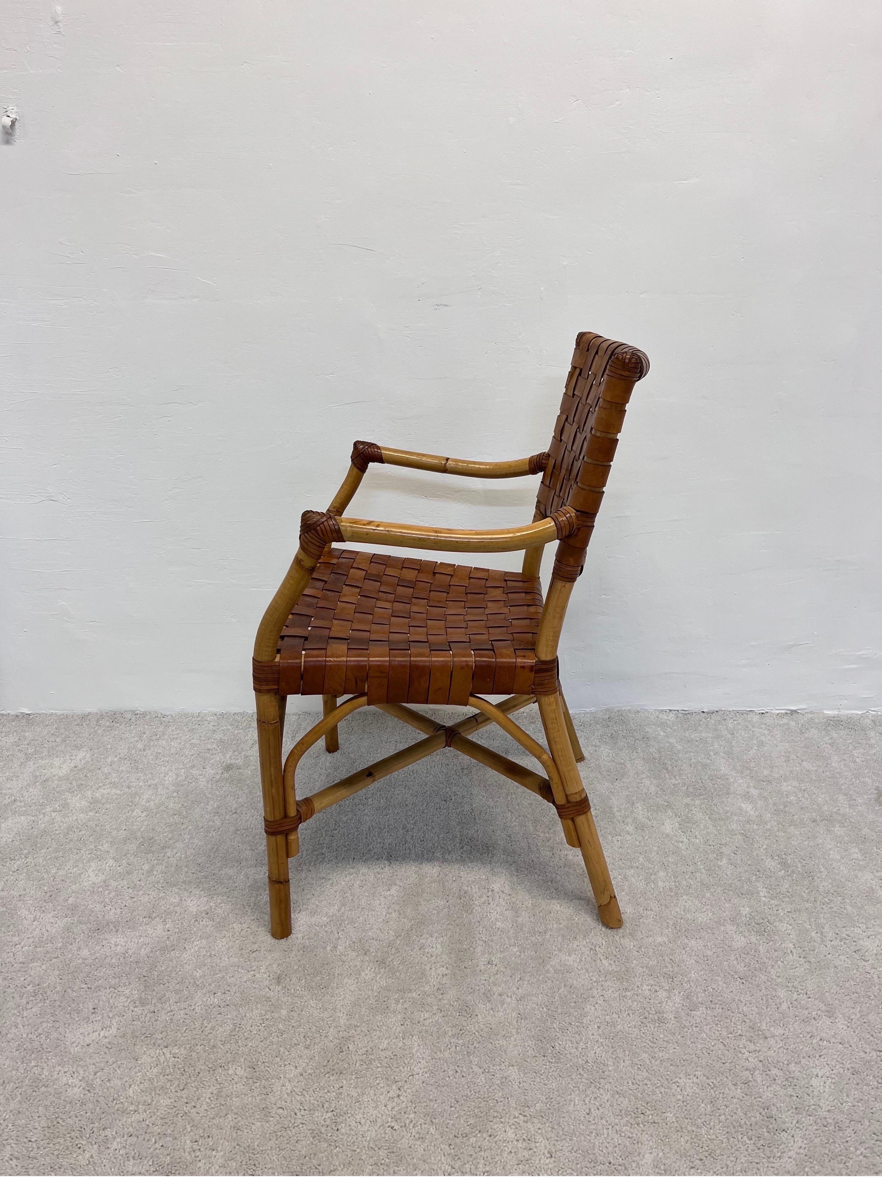 Bamboo and Woven Leather Dining Arm Chair, 1970s In Good Condition In Miami, FL