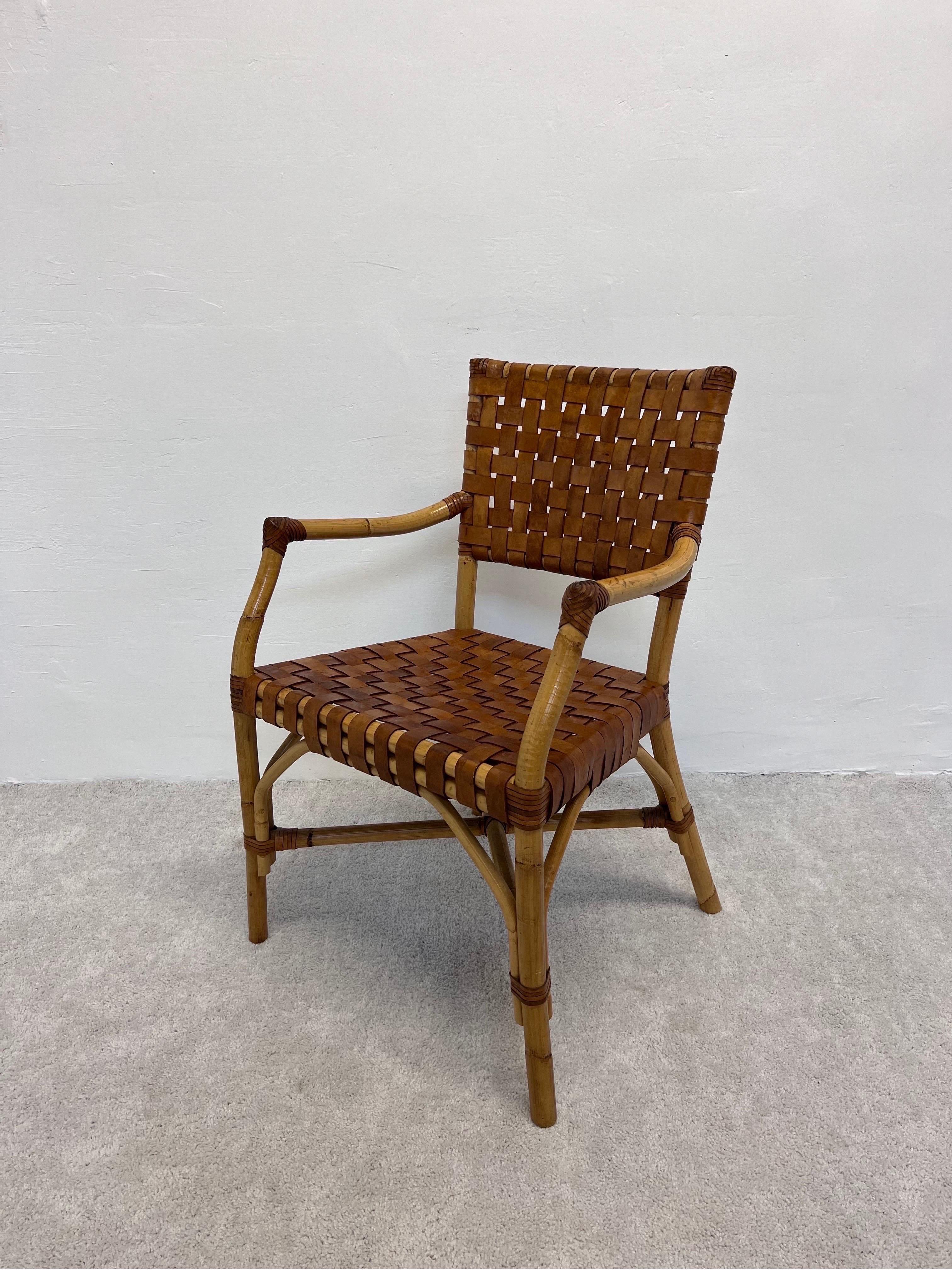 20th Century Bamboo and Woven Leather Dining Arm Chair, 1970s
