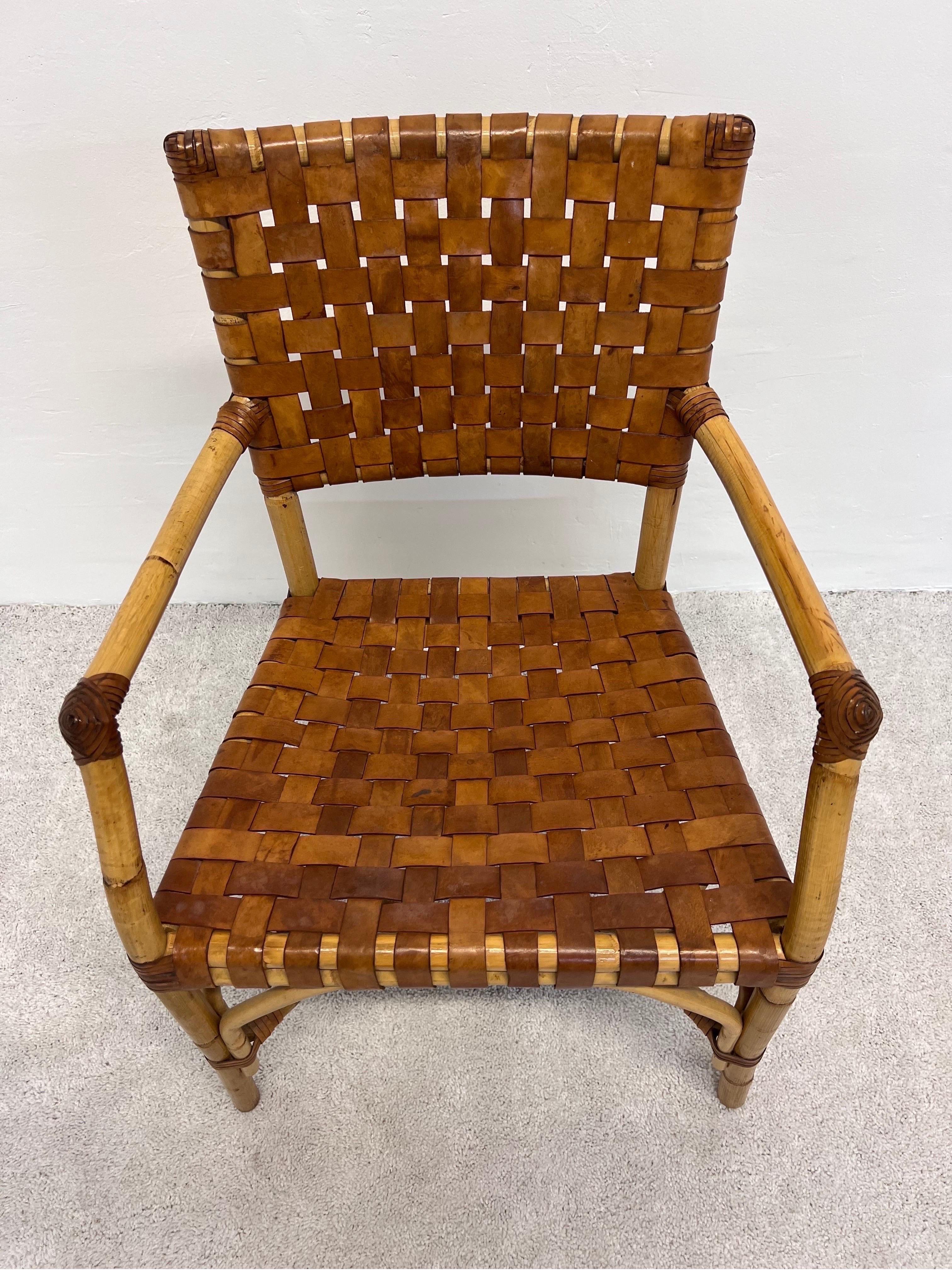 Bamboo and Woven Leather Dining Arm Chair, 1970s 1