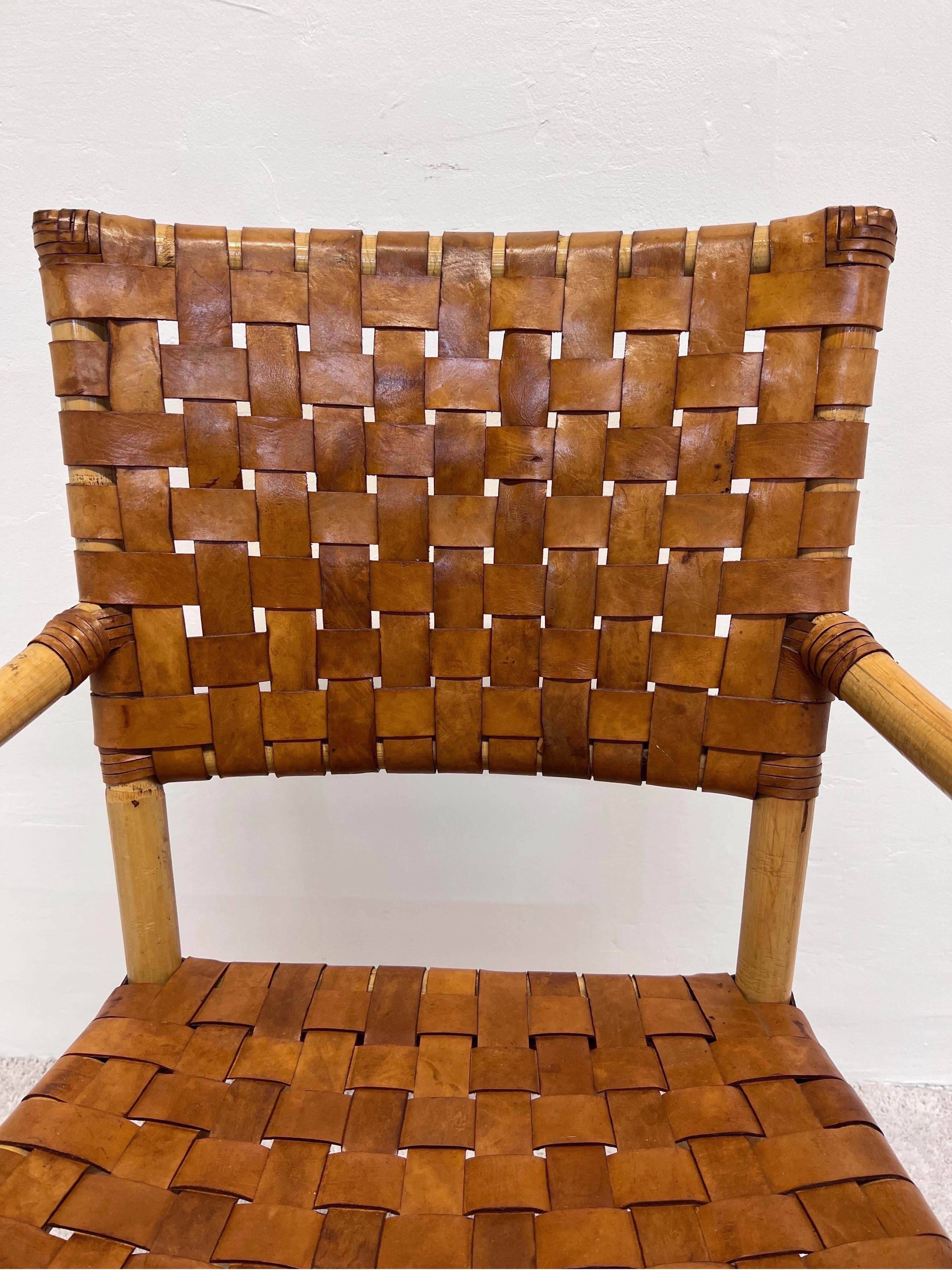 Bamboo and Woven Leather Dining Arm Chair, 1970s 2