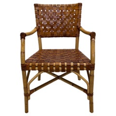 Bamboo and Woven Leather Dining Arm Chair, 1970s