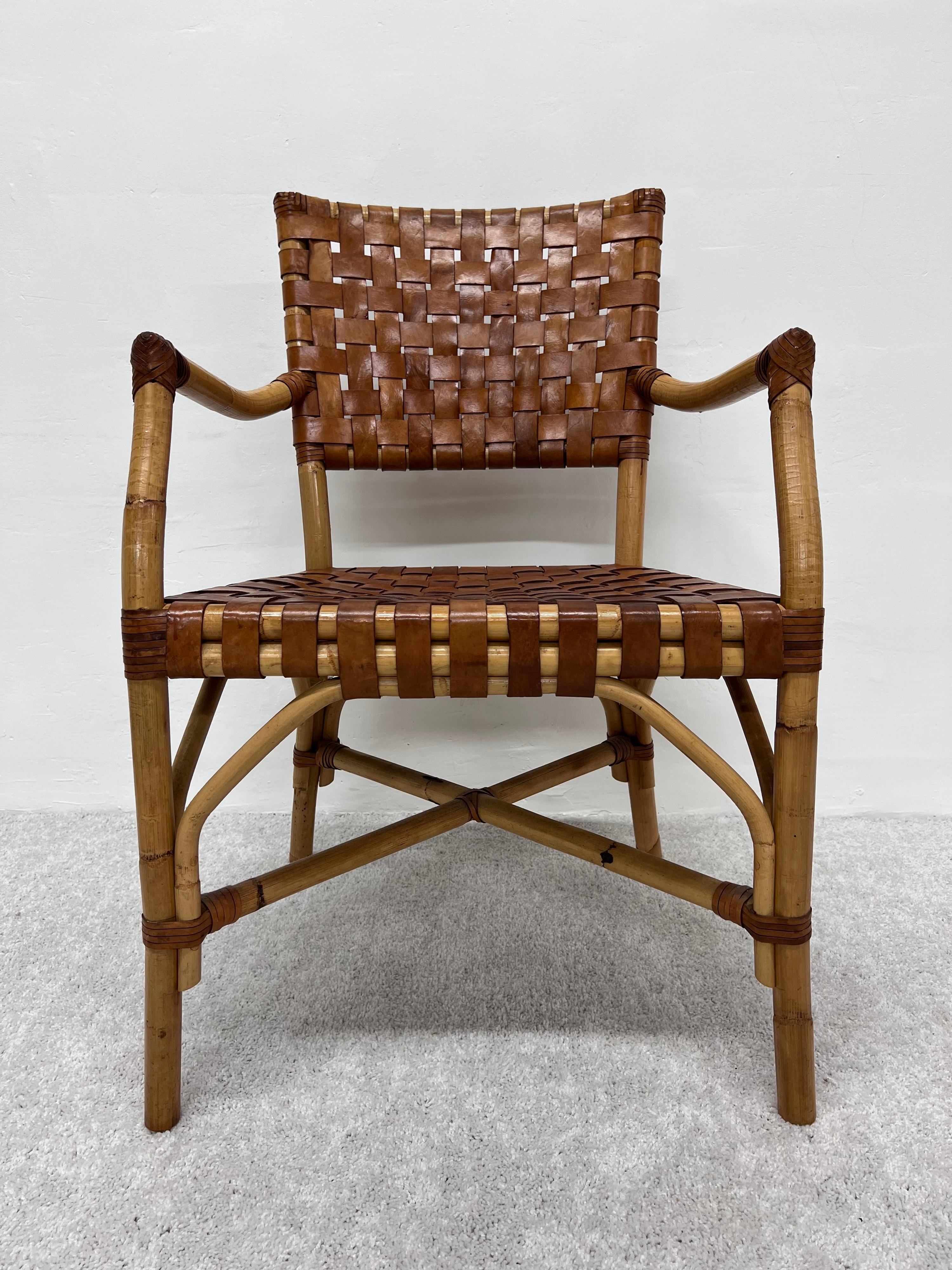 Bamboo and Woven Leather Dining Arm Chairs, 1970s, Set of Five 4