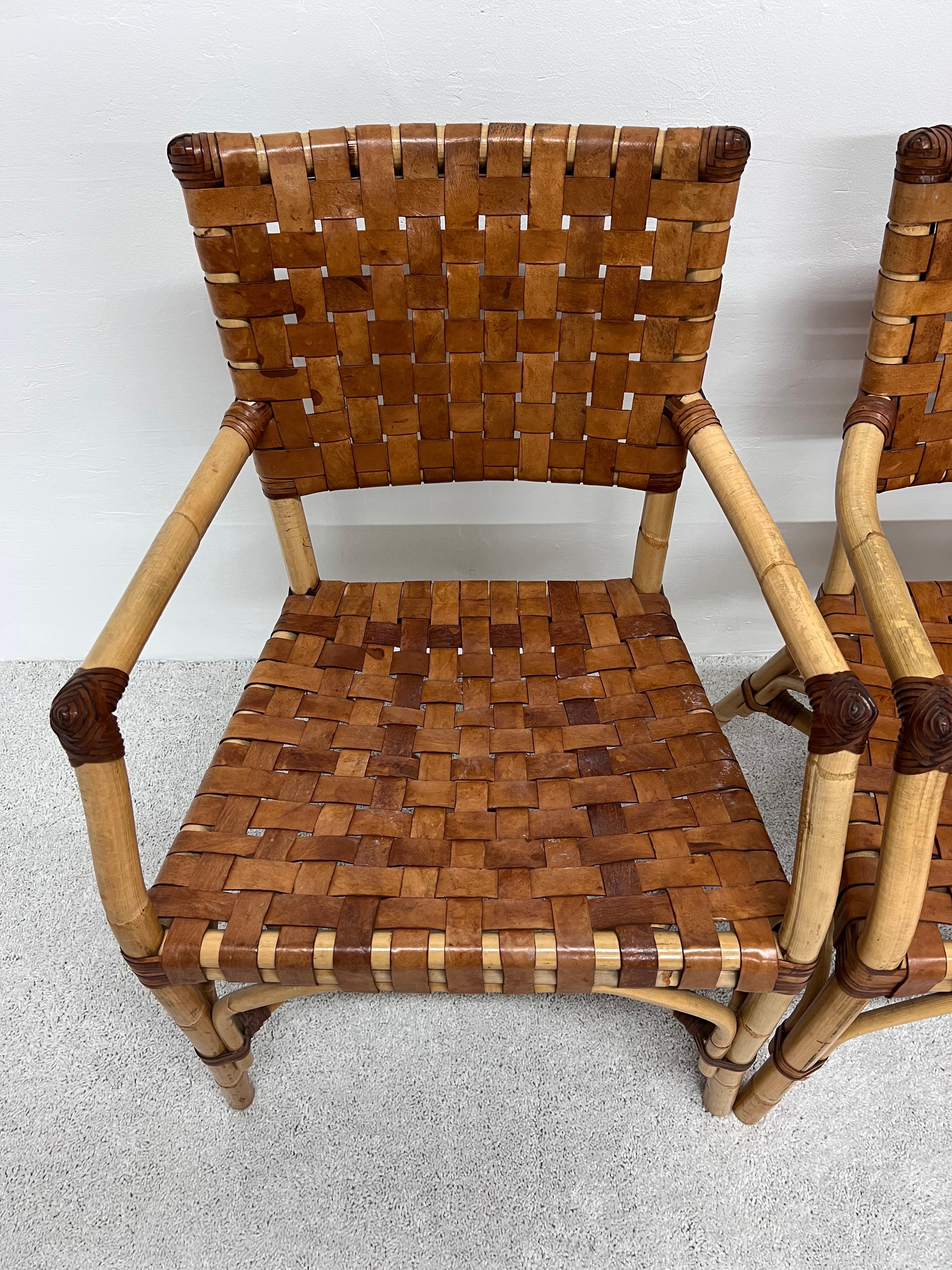 Bamboo and Woven Leather Dining Arm Chairs, 1970s, Set of Five 5