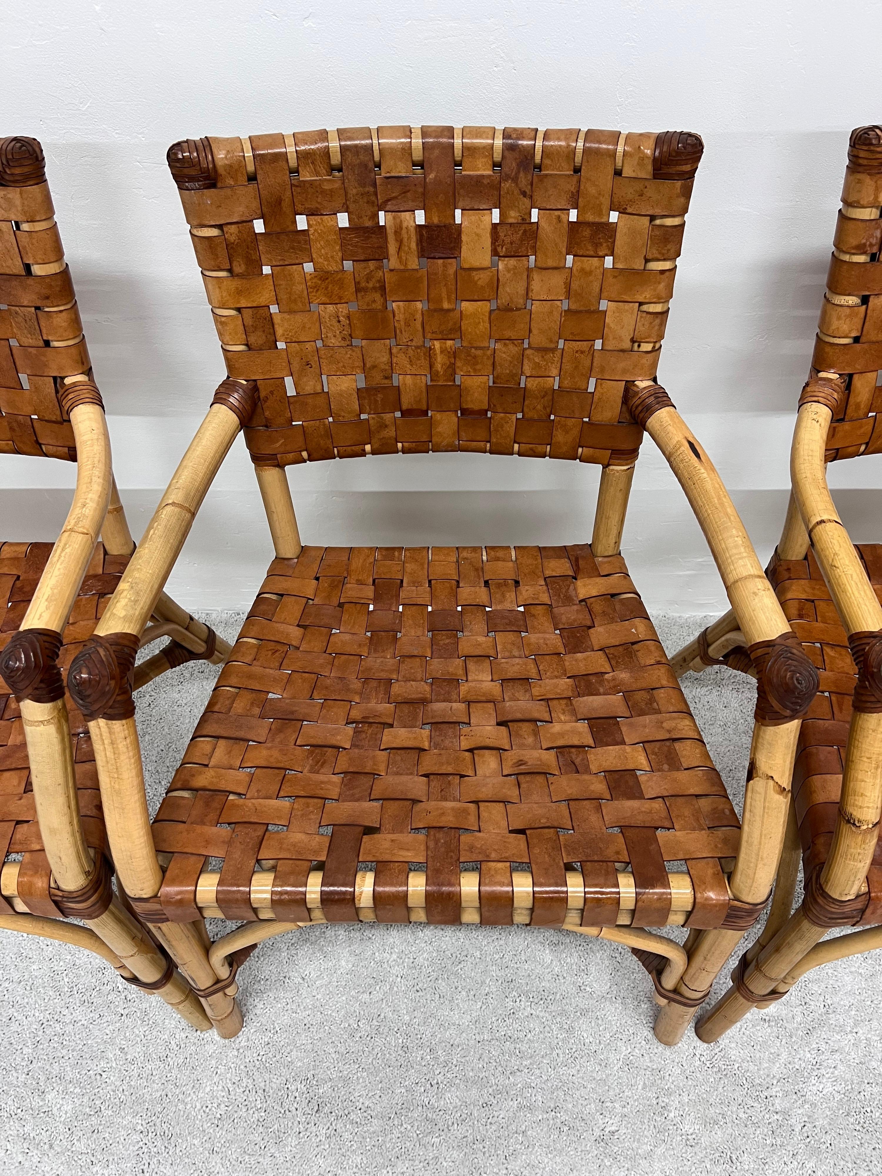 Bamboo and Woven Leather Dining Arm Chairs, 1970s, Set of Five 6