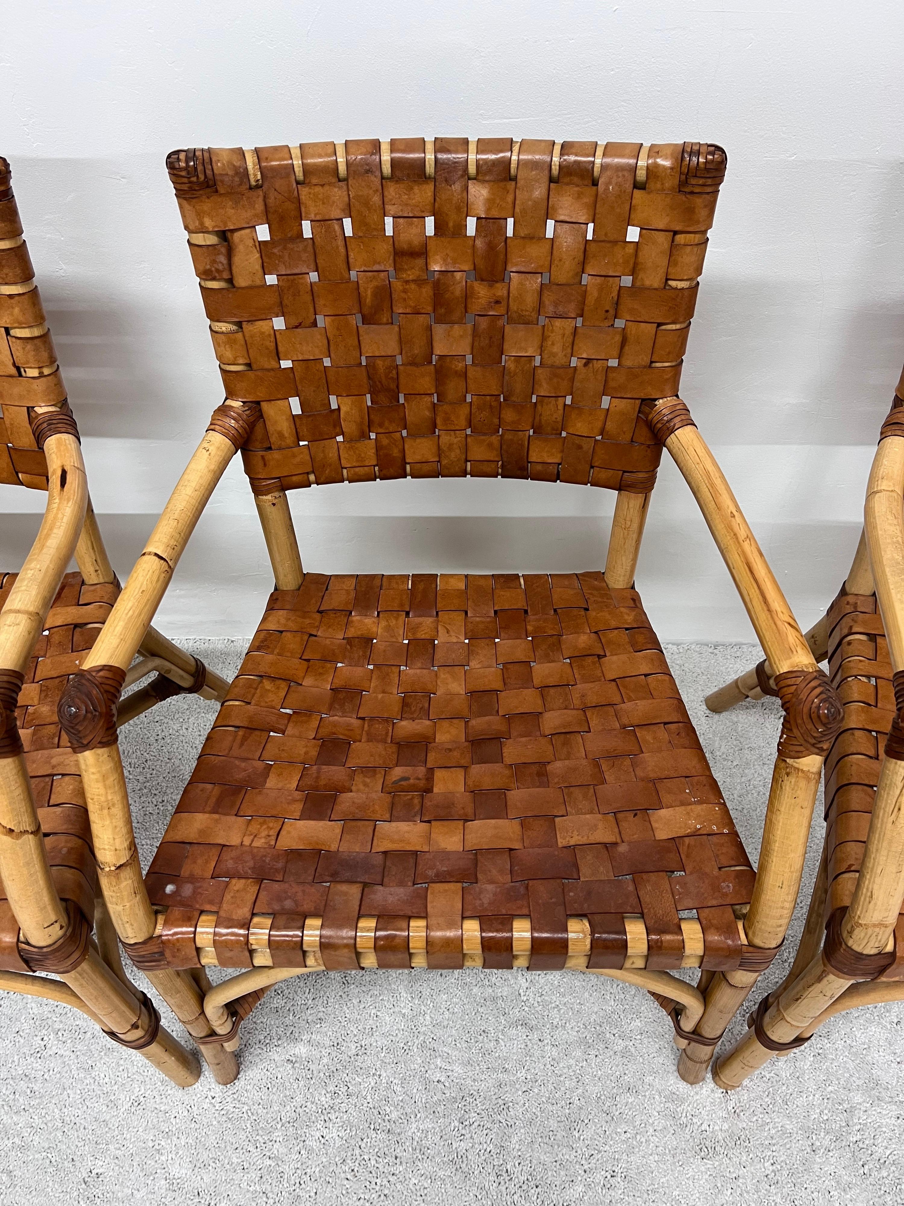 Bamboo and Woven Leather Dining Arm Chairs, 1970s, Set of Five 7