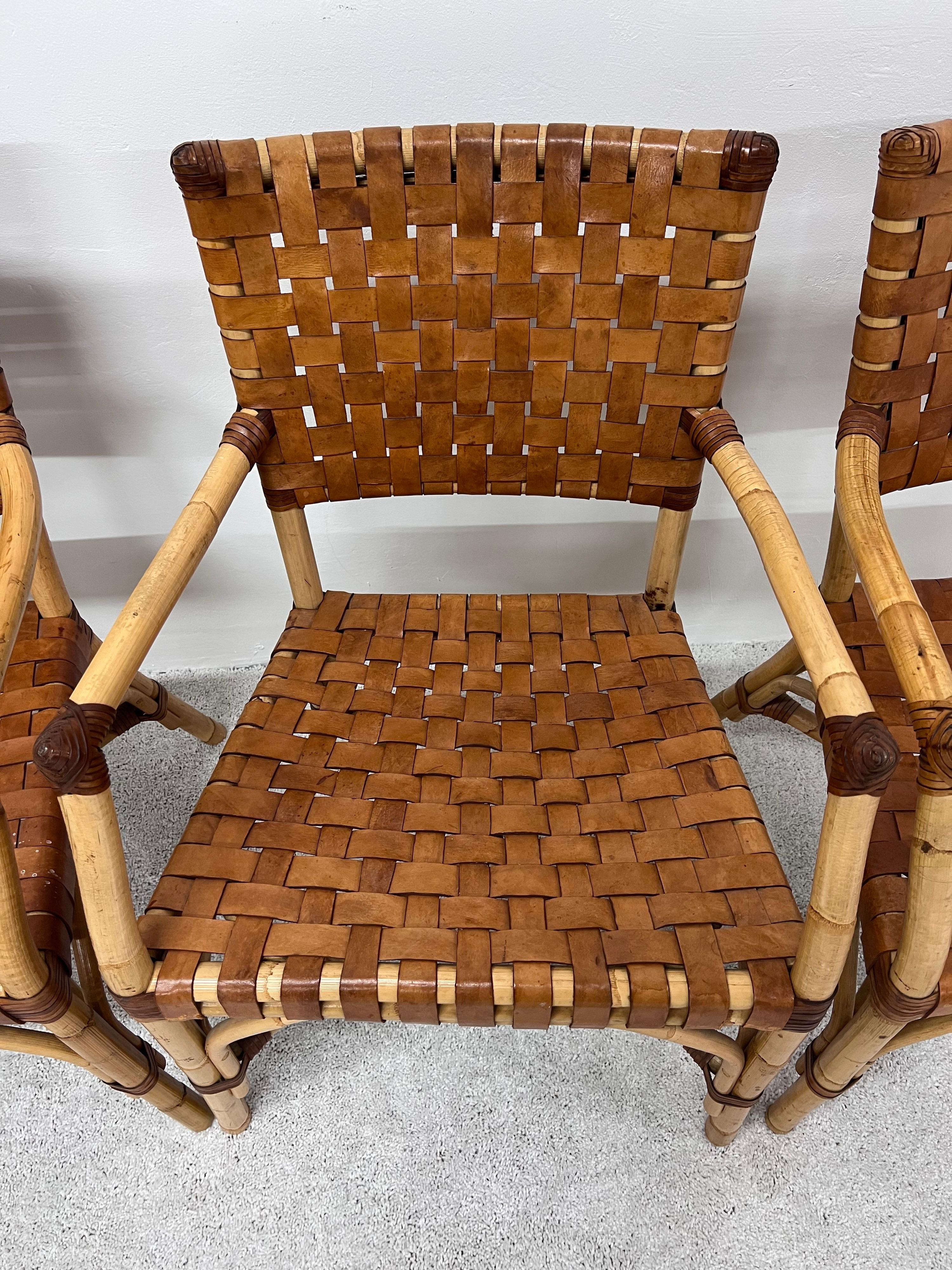 Bamboo and Woven Leather Dining Arm Chairs, 1970s, Set of Five 8