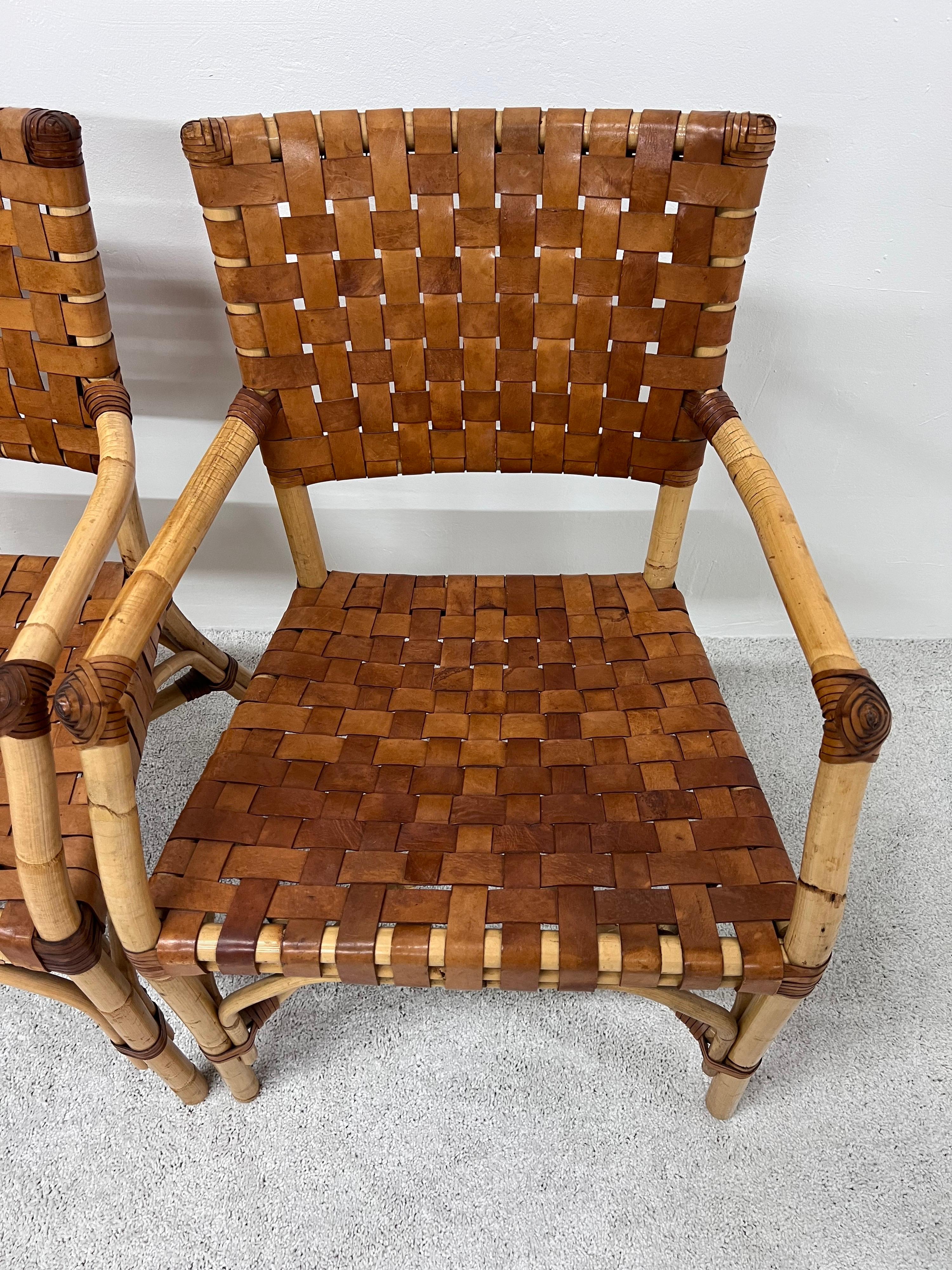 Bamboo and Woven Leather Dining Arm Chairs, 1970s, Set of Five 9