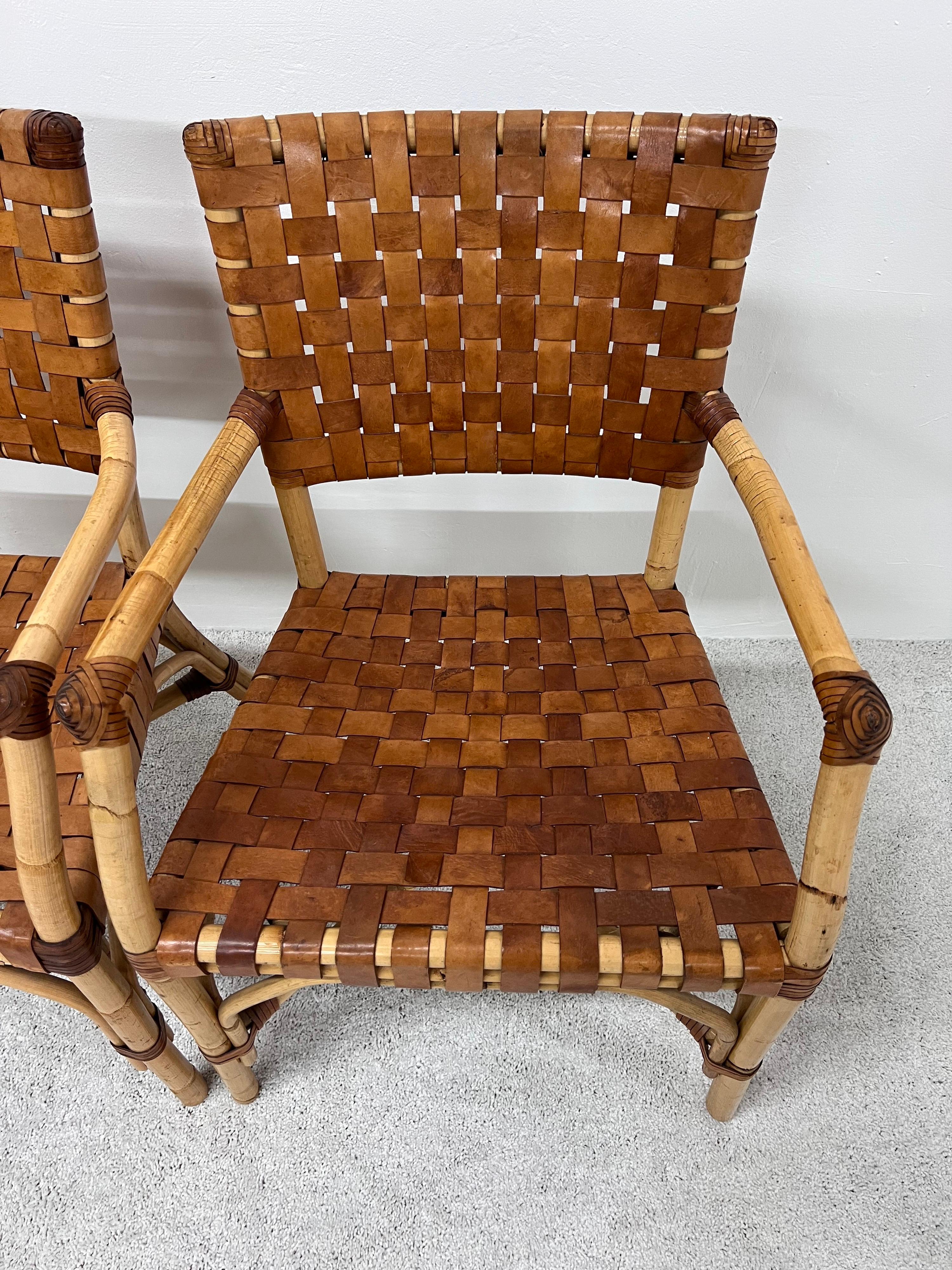 Bamboo and Woven Leather Dining Arm Chairs, 1970s, Set of Five 10