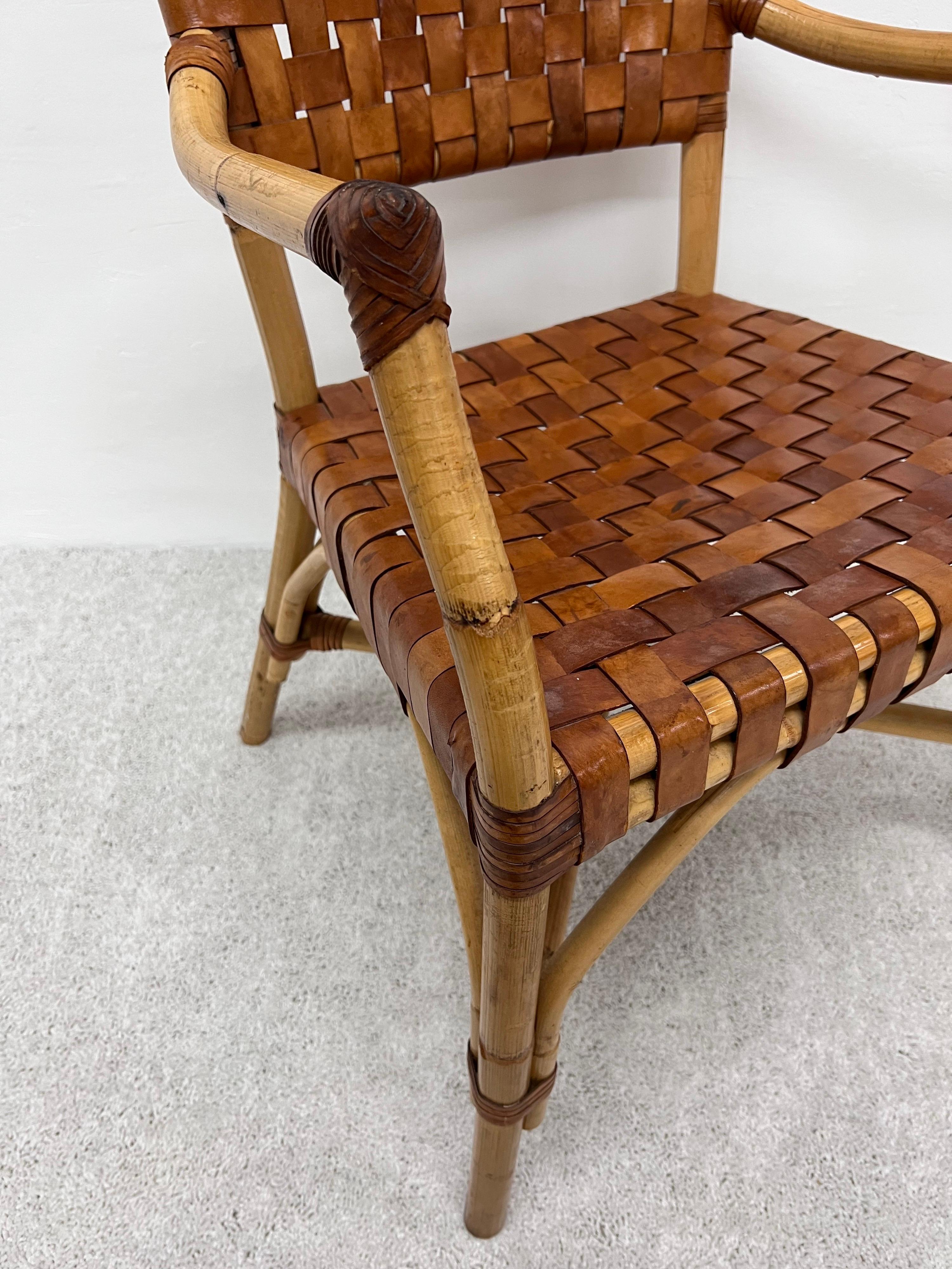 Bamboo and Woven Leather Dining Arm Chairs, 1970s, Set of Five 12