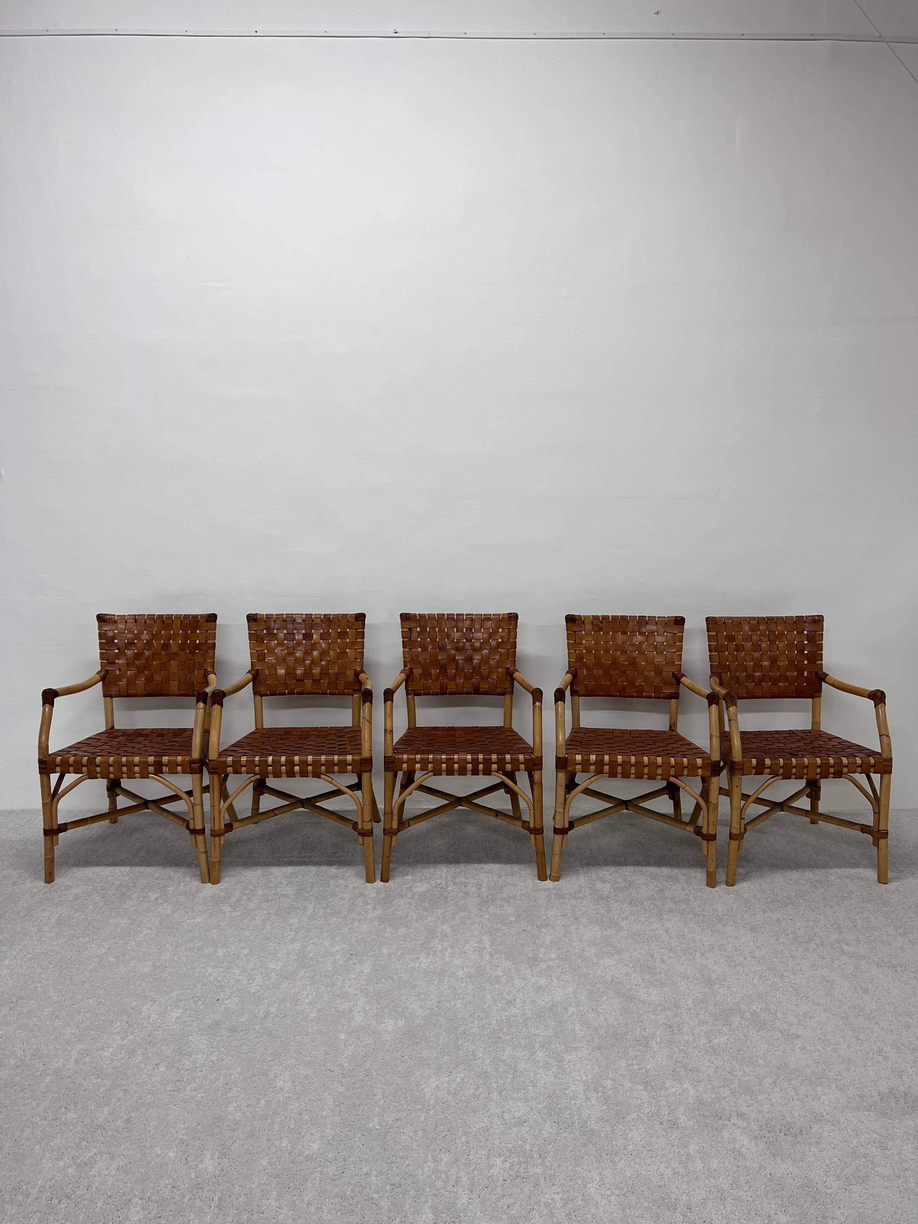 Mid-Century Modern Bamboo and Woven Leather Dining Arm Chairs, 1970s, Set of Five