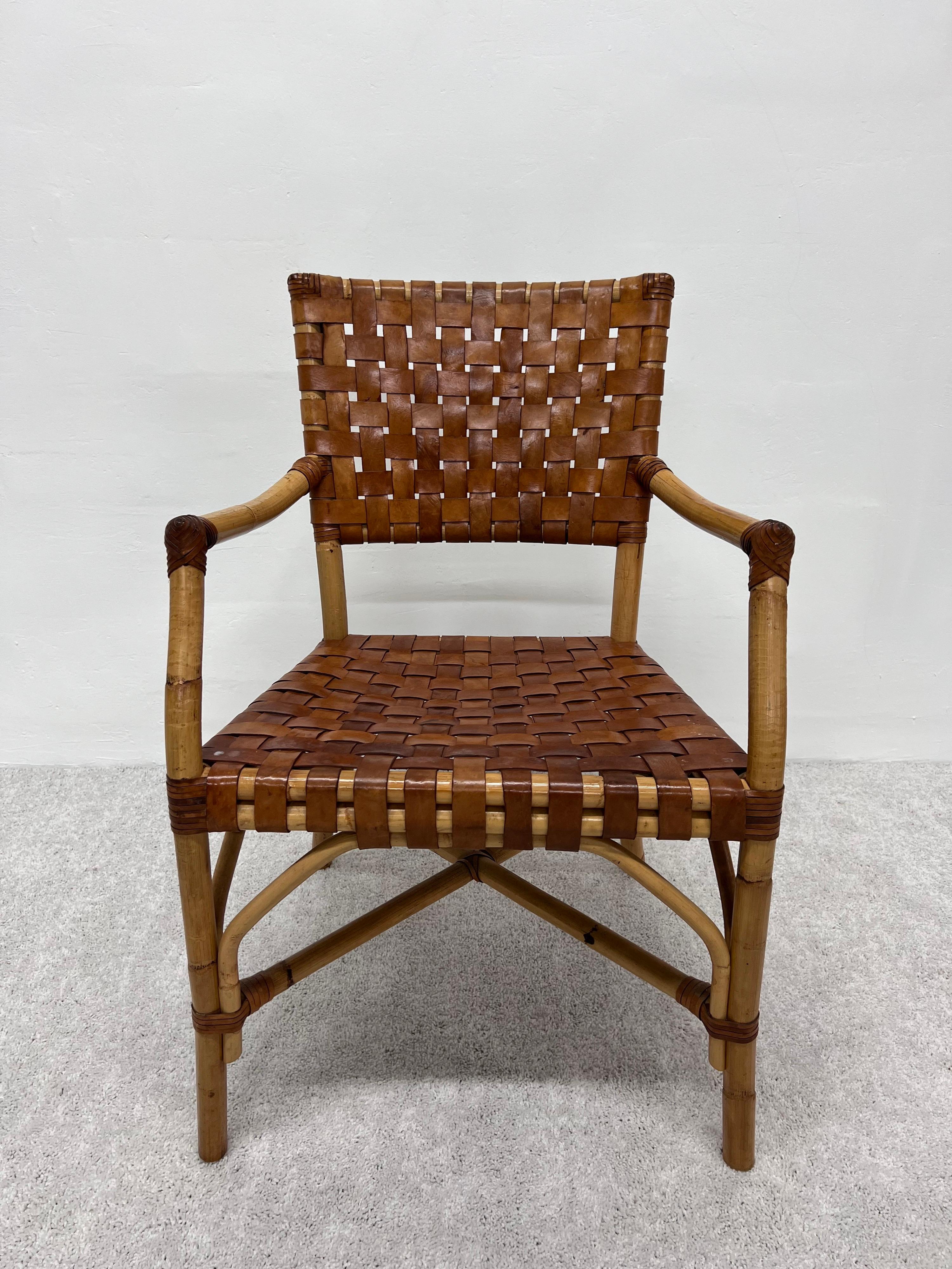 Philippine Bamboo and Woven Leather Dining Arm Chairs, 1970s, Set of Five