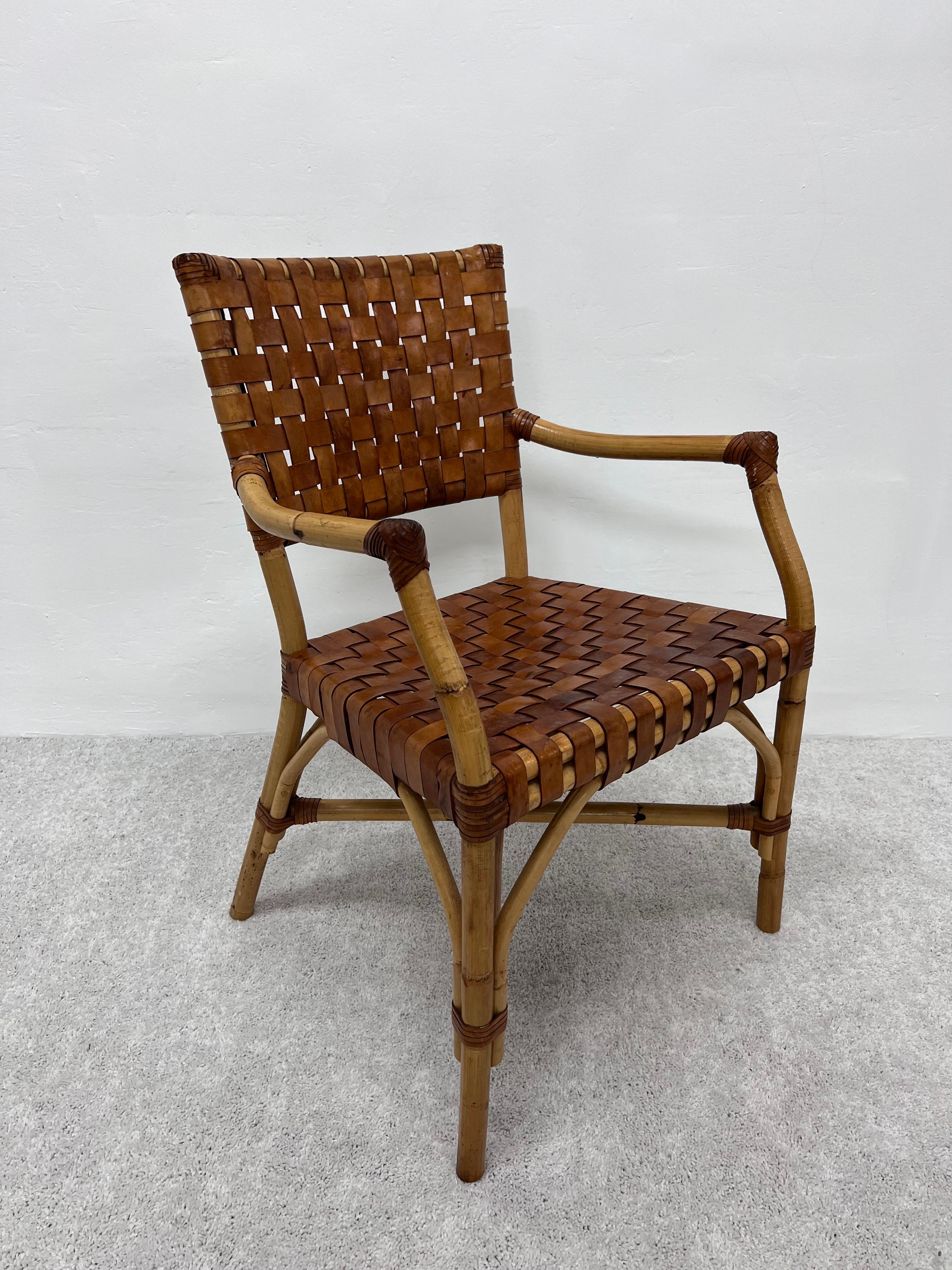 Bamboo and Woven Leather Dining Arm Chairs, 1970s, Set of Five In Good Condition In Miami, FL