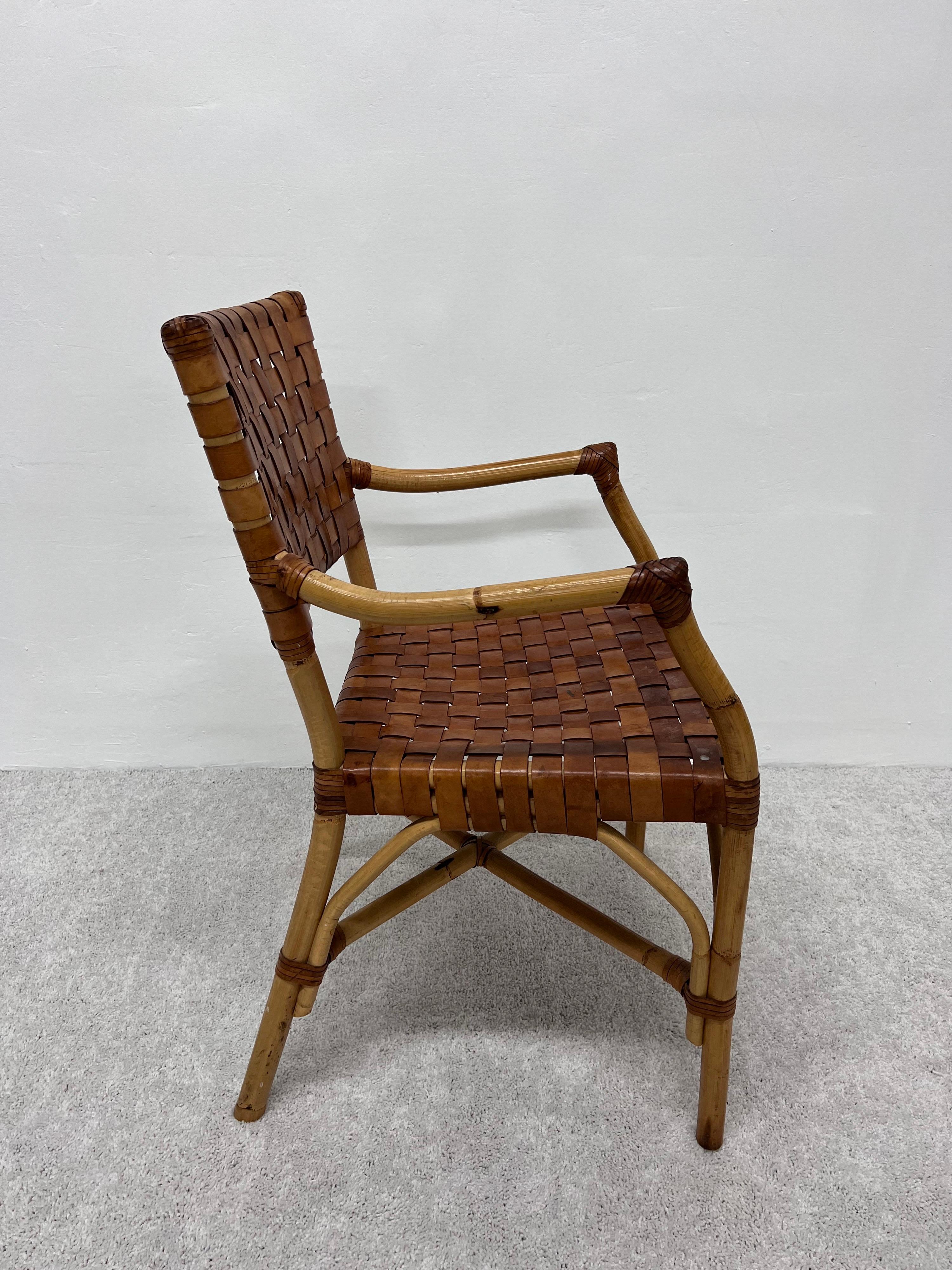 20th Century Bamboo and Woven Leather Dining Arm Chairs, 1970s, Set of Five