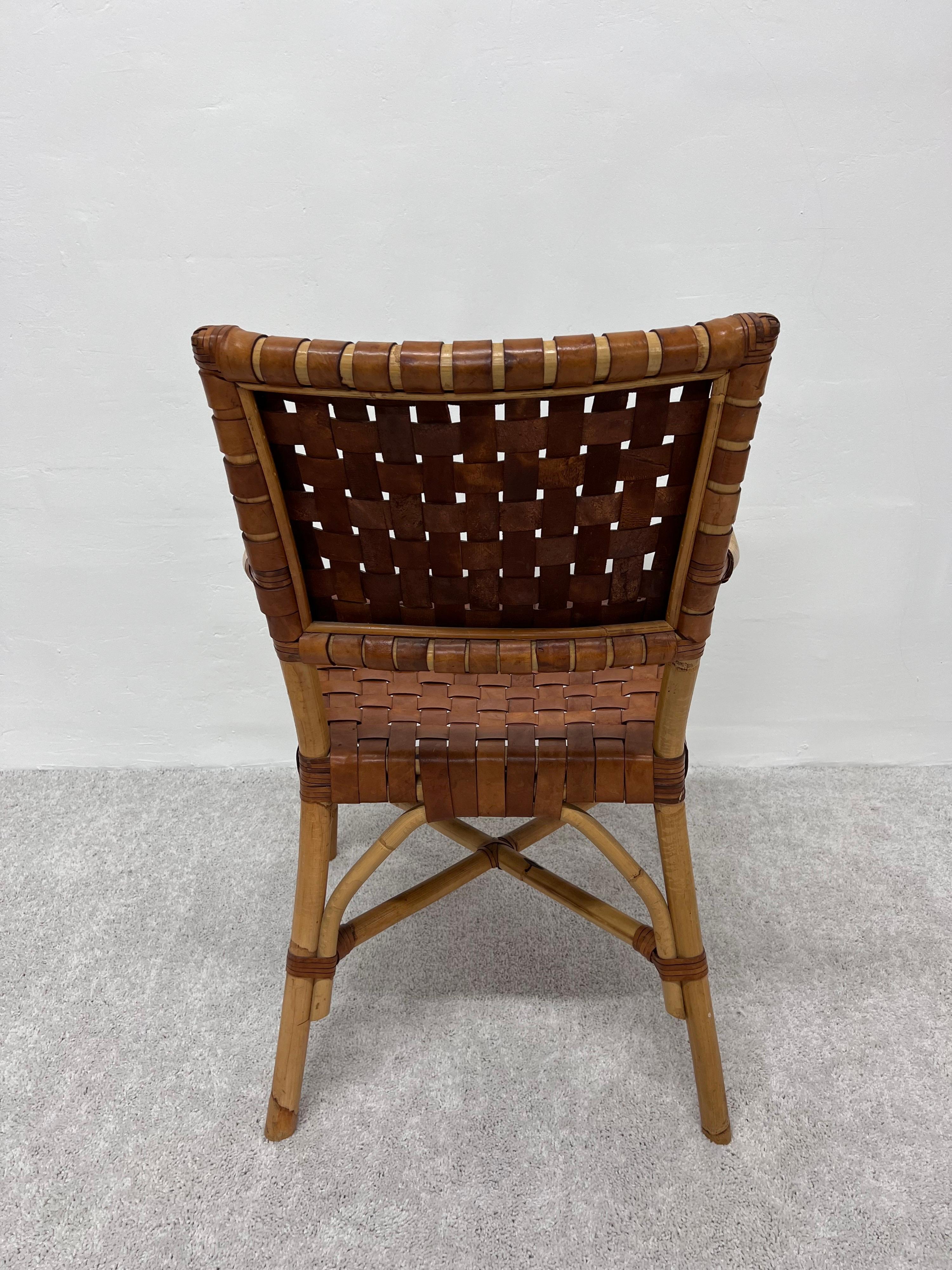Bamboo and Woven Leather Dining Arm Chairs, 1970s, Set of Five 1
