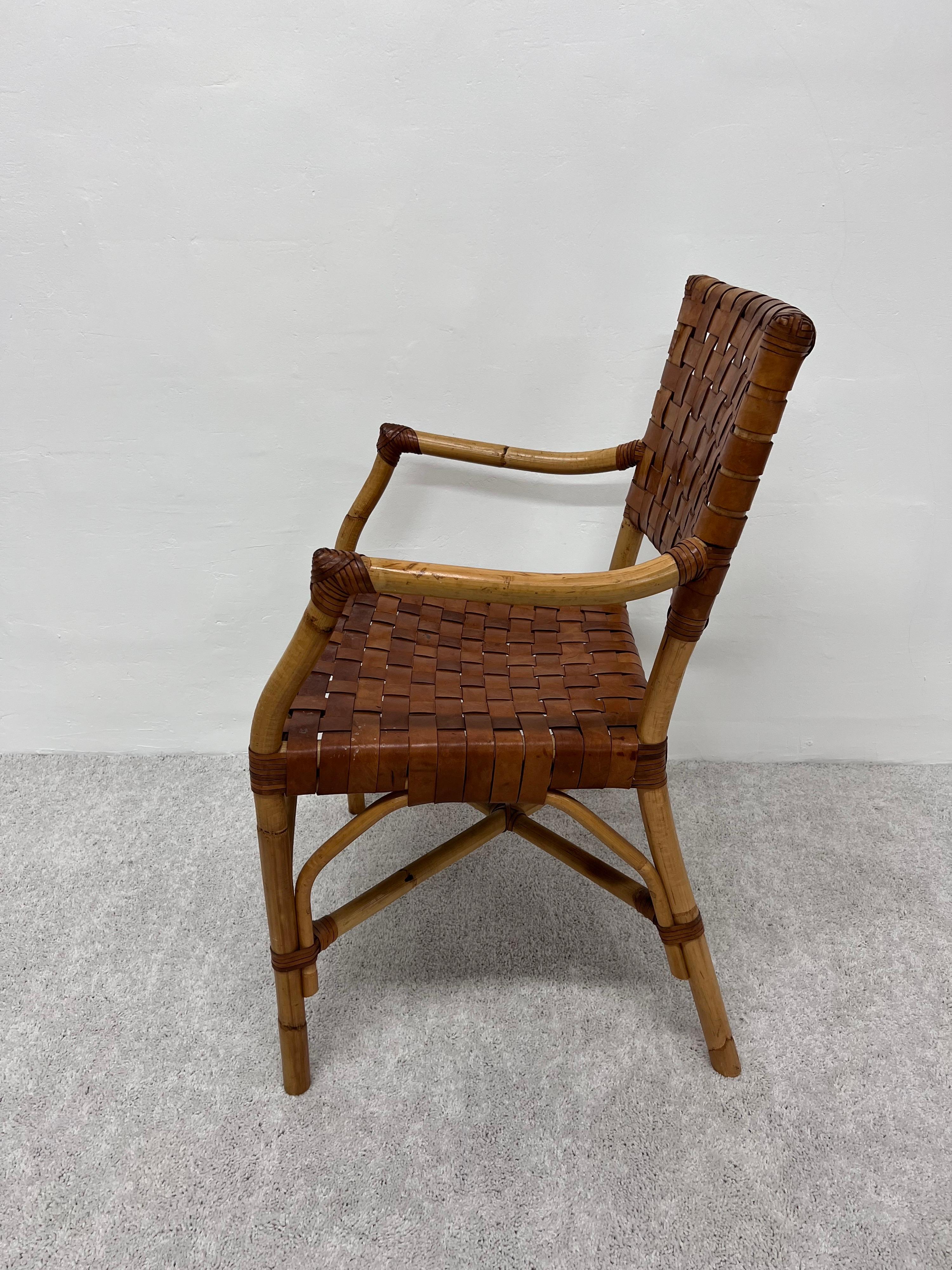 Bamboo and Woven Leather Dining Arm Chairs, 1970s, Set of Five 2
