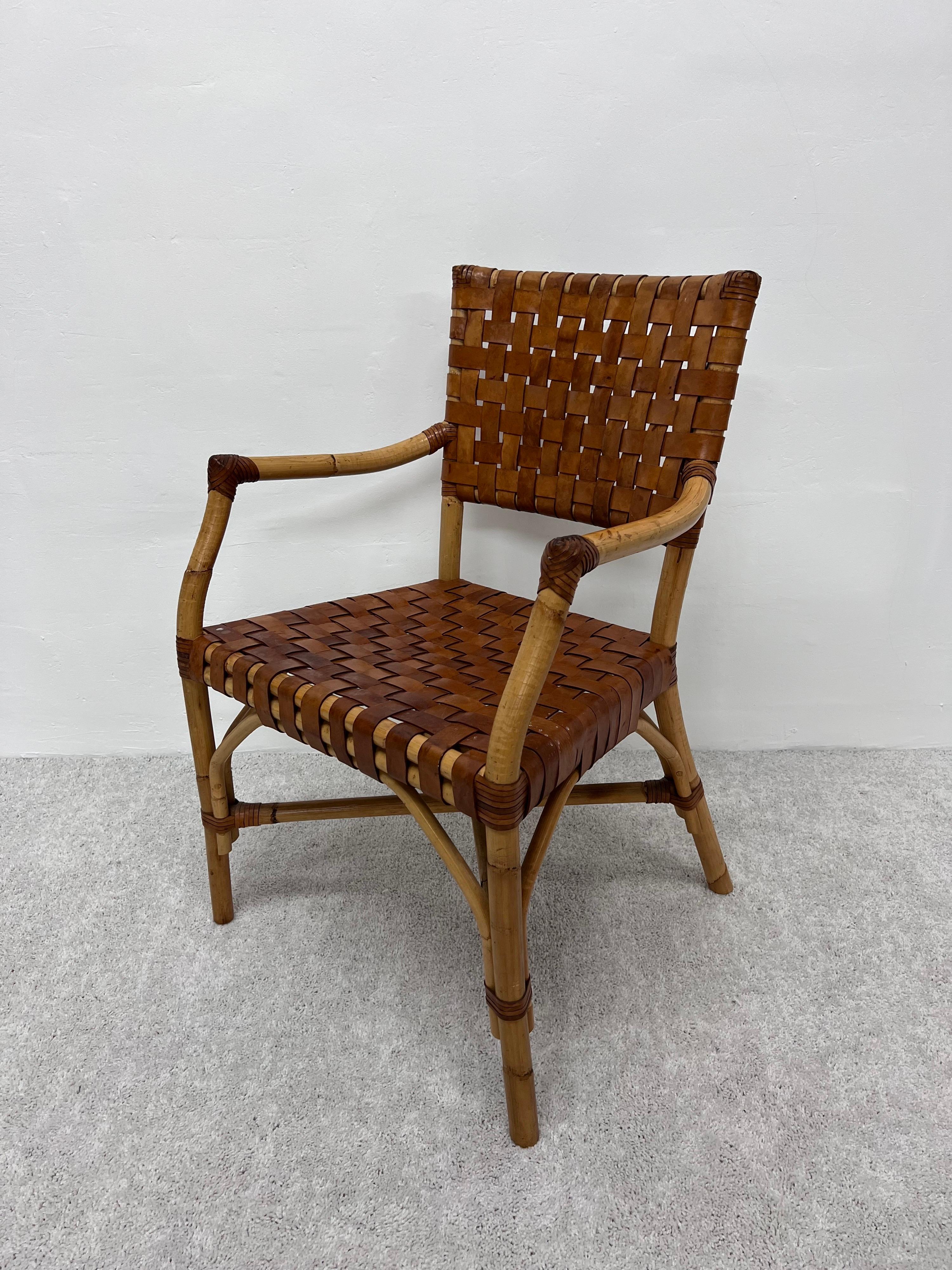 Bamboo and Woven Leather Dining Arm Chairs, 1970s, Set of Five 3