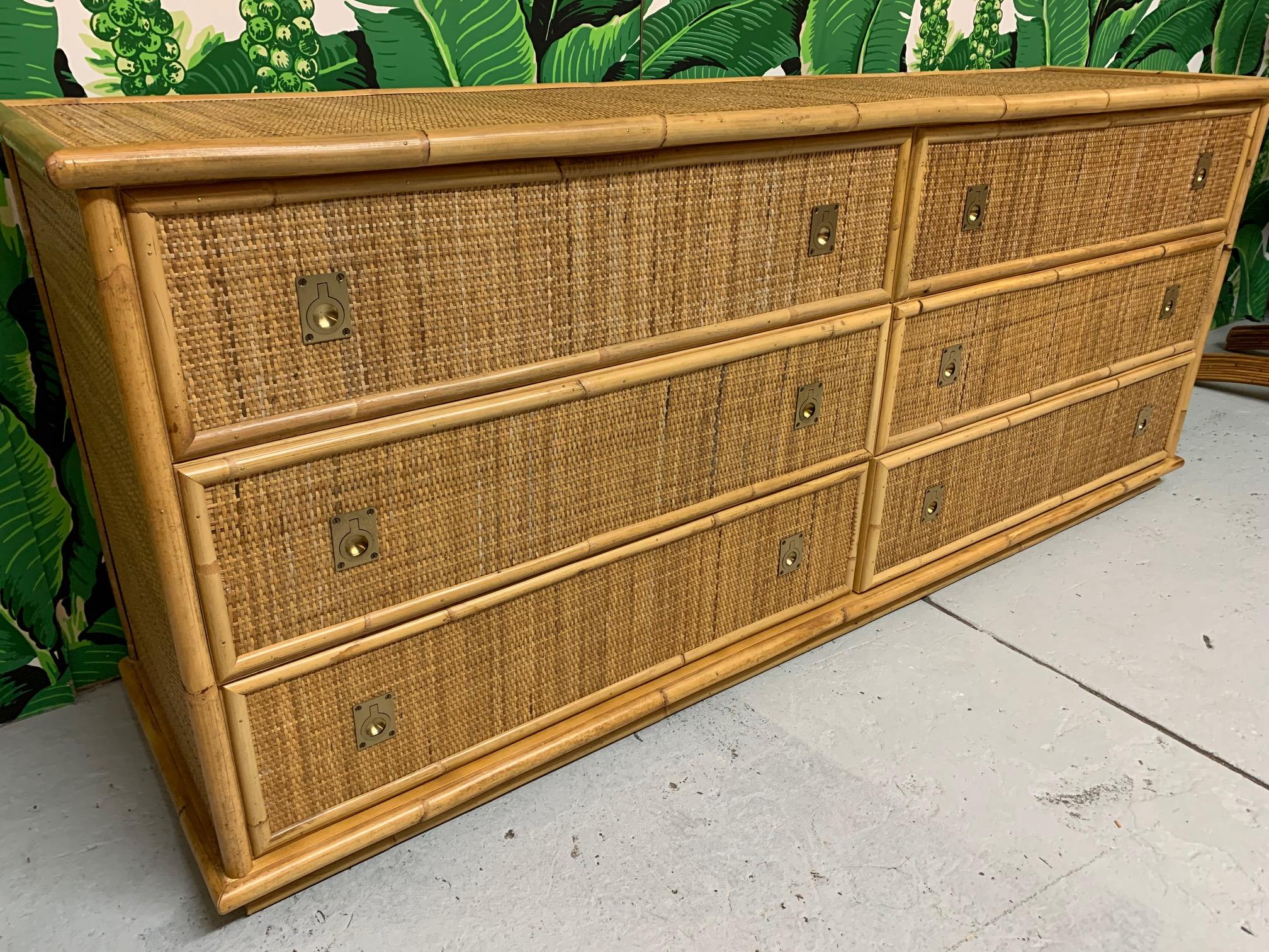 Hollywood Regency Bamboo and Woven Rattan Double Dresser