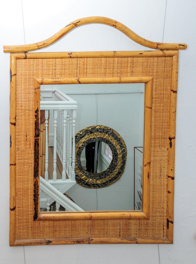 Bamboo and Woven Wicker Surround Mirror with Arch Detail For Sale at